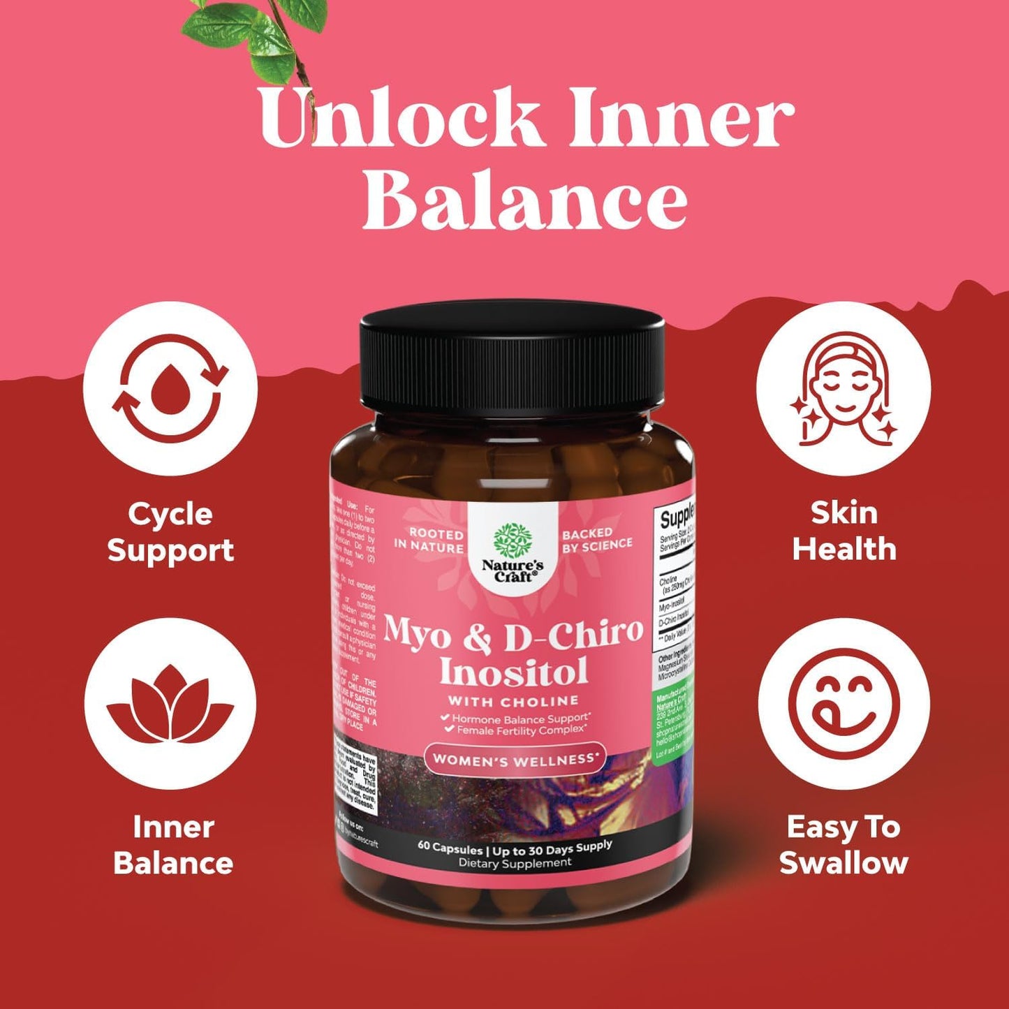 Women's Hormone Balance Capsules with Myo-Inositol & D-Chiro Inositol - Choline Supplement for Menstrual Cycle, Fertility, Hormonal Balance - 60 Capsules