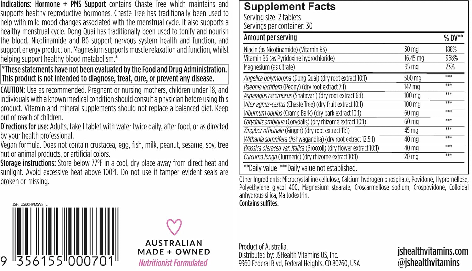 Women's Hormone Balance & PMS Support Supplement with Vitamins B3, B6, Magnesium - 60 Capsules