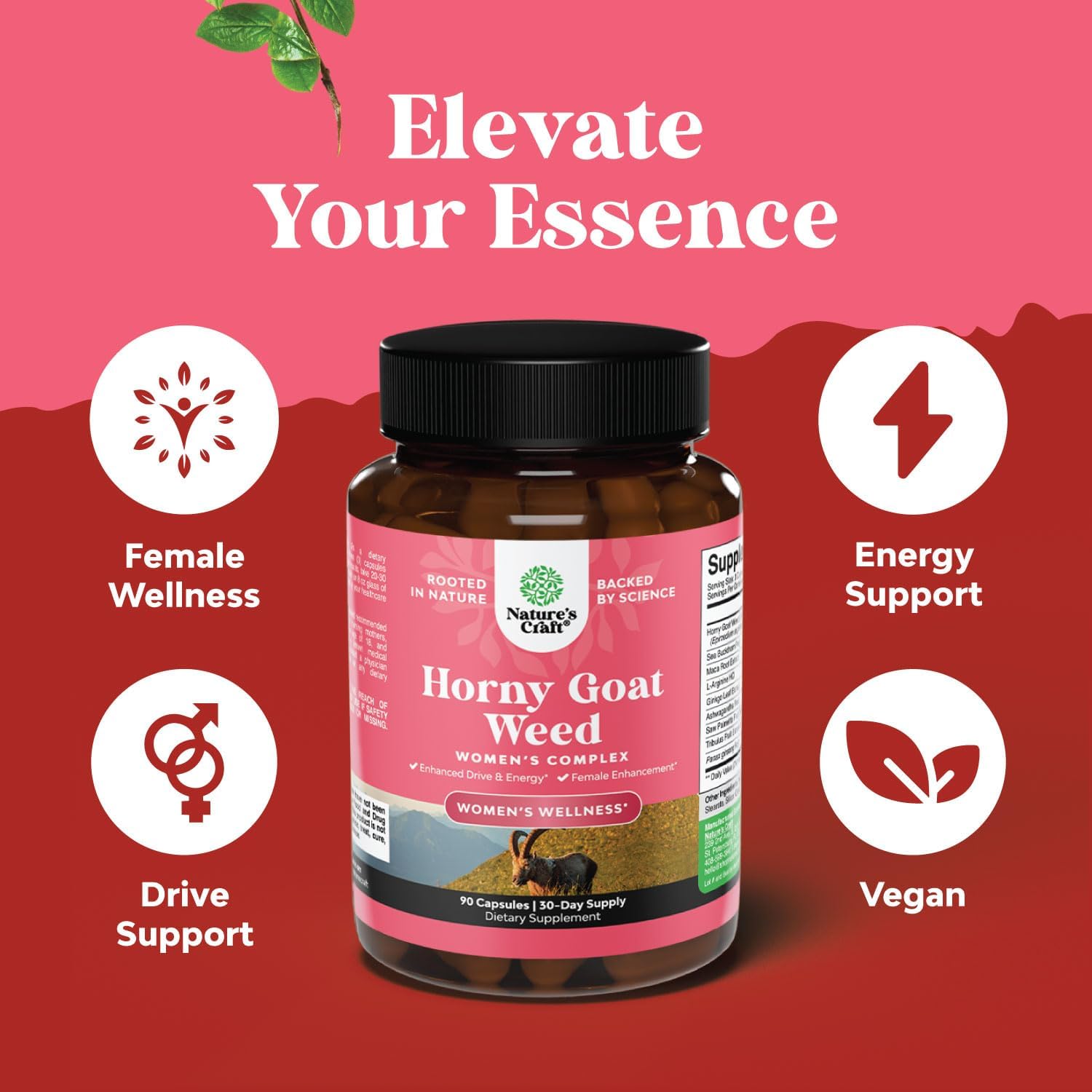 Women's Horny Goat Weed Complex with Ashwagandha, Panax Ginseng, and Maca Root Capsules - Boost Drive, Energy, Mood, and Address Dryness