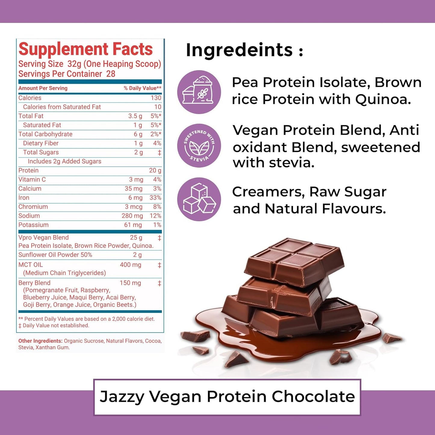 Women's Jazzy Vegan Chocolate Protein Powder - 907 gm Plant Based Blend, Lactose & Gluten Free, Energy Boost - 28 Servings