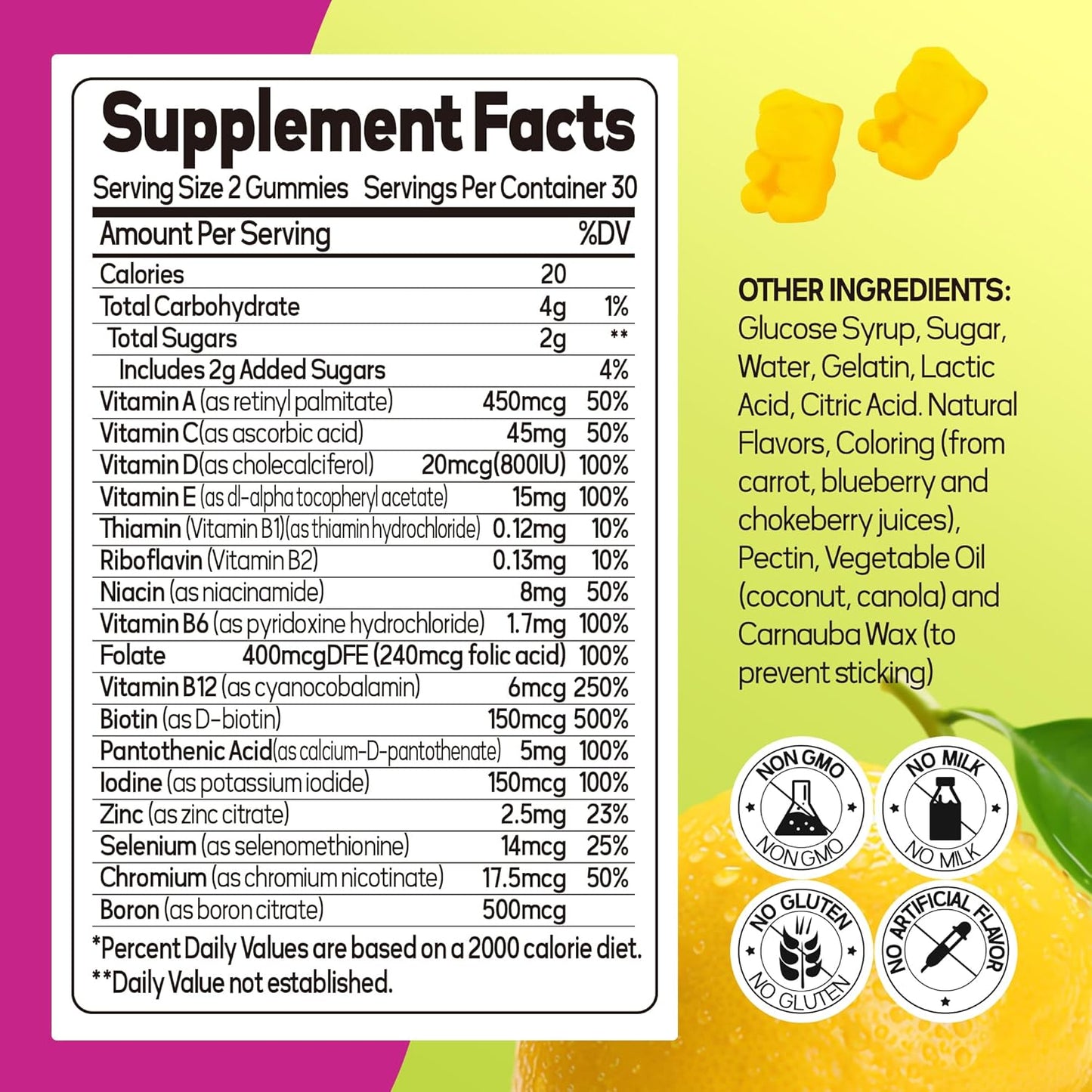 Women's Lemon Flavored Gummy Multivitamin with Vitamins A, C, D, E, B6, B12 - 30 Day Supply (60 Count)