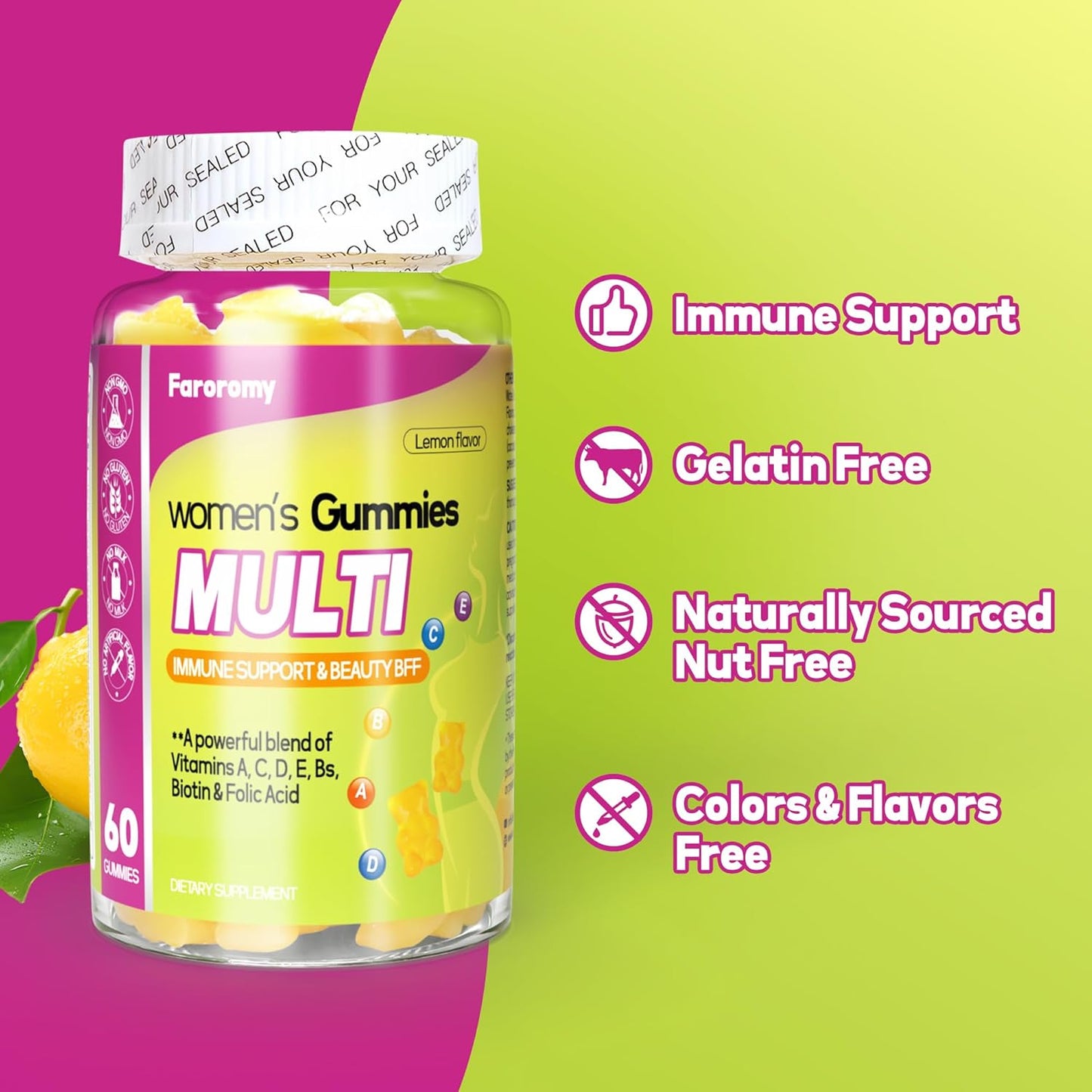 Women's Lemon Flavored Gummy Multivitamin with Vitamins A, C, D, E, B6, B12 - 30 Day Supply (60 Count)