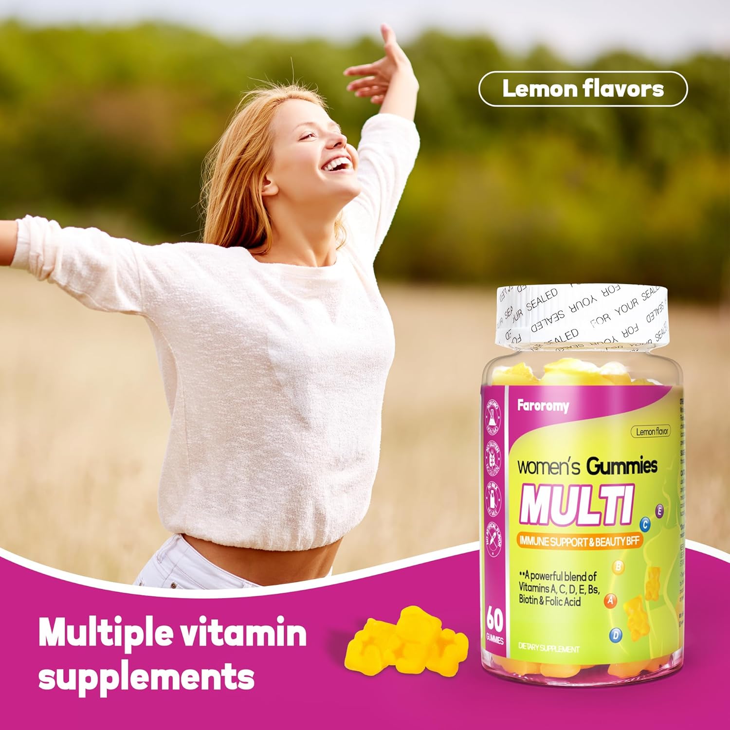 Women's Lemon Flavored Gummy Multivitamin with Vitamins A, C, D, E, B6, B12 - 30 Day Supply (60 Count)