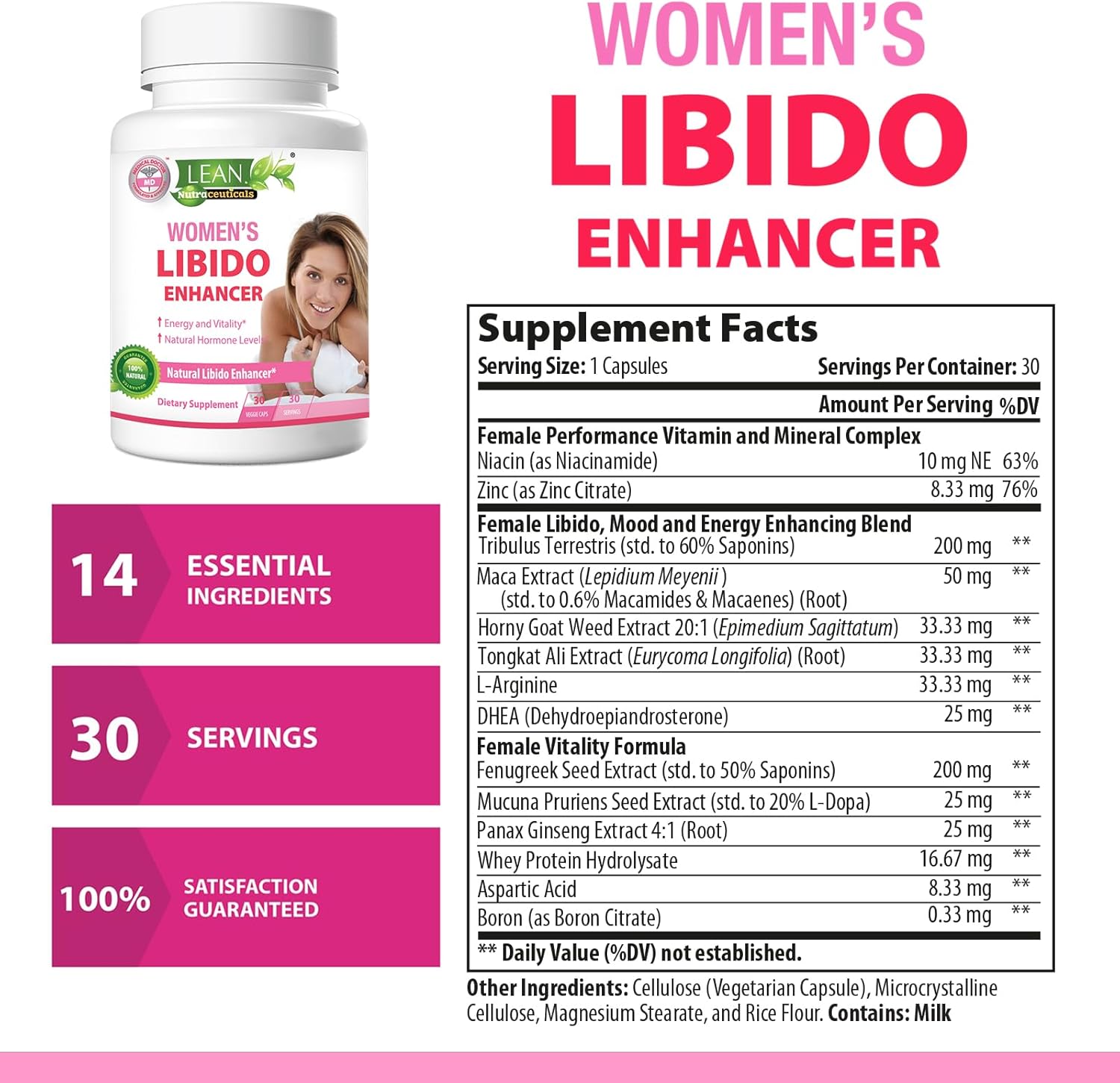 Women's Libido Booster with Maca Root, Fenugreek, Tongkat Ali, Horny Goat Weed - Hormone Balance & Menopause Support - 30 Capsules