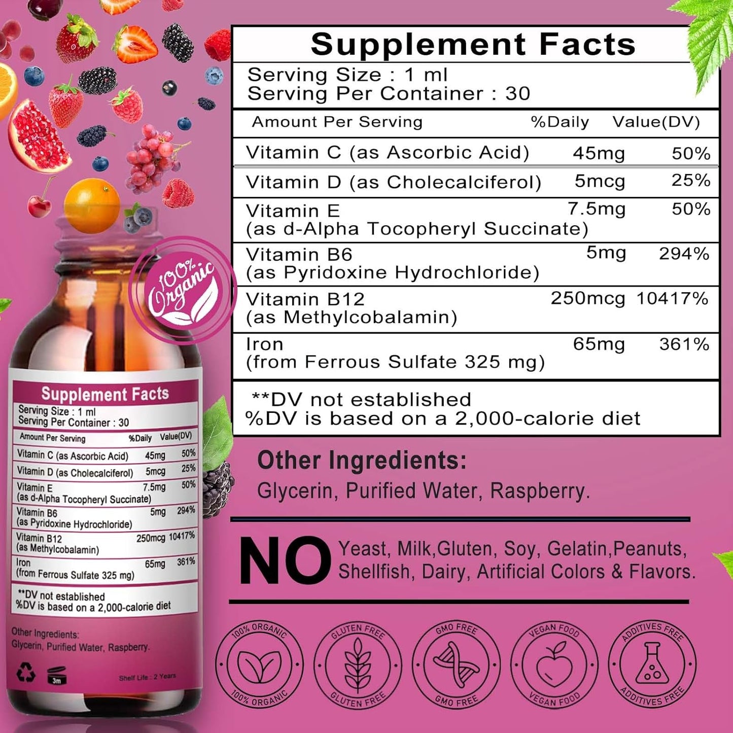 Women's Liquid Iron Supplement with Vitamin C, B12, B6 - High Absorption Blood Builder Drops for Immune Support - Non-GMO, Gluten Free