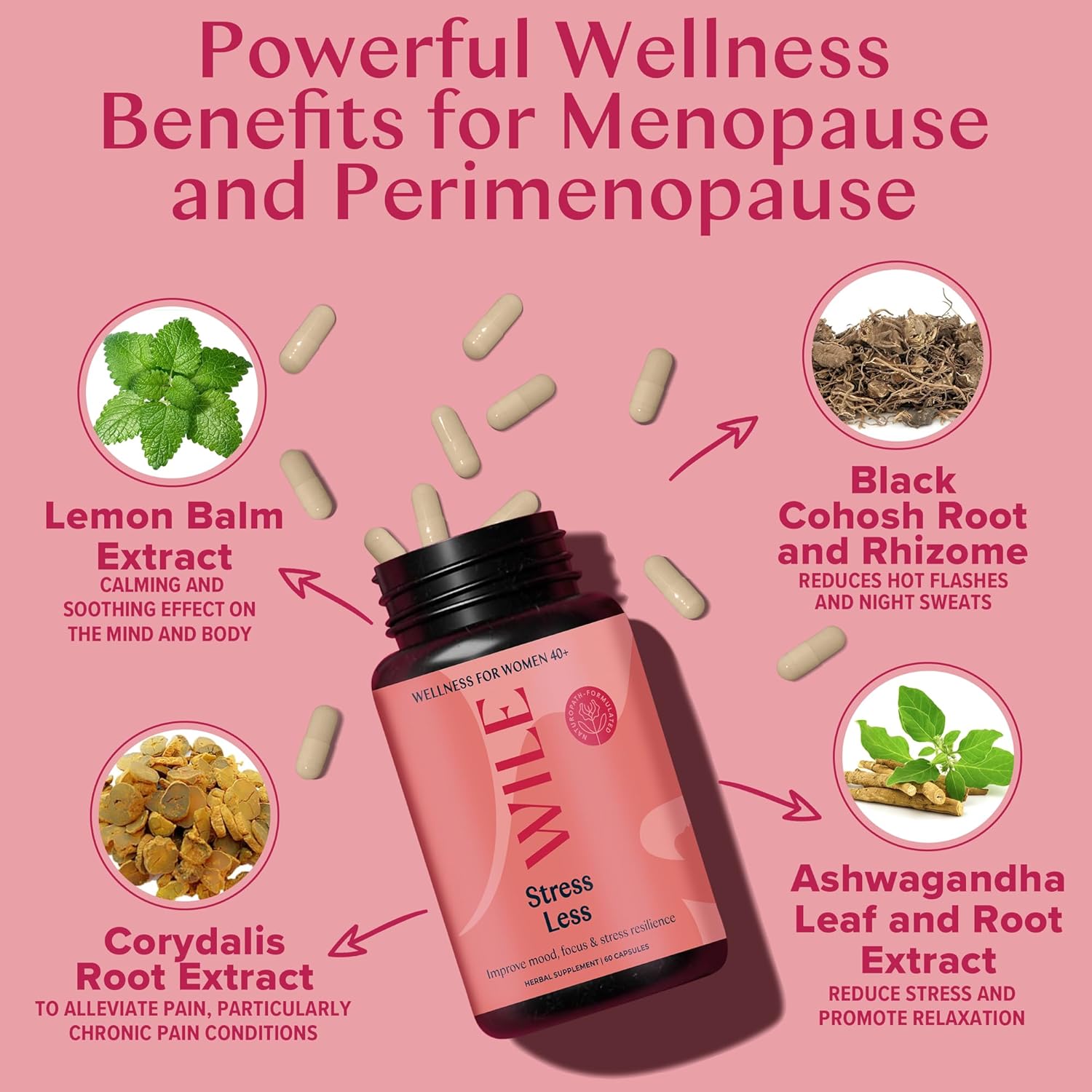 Women's Menopause & Perimenopause Supplements - Stress Relief with Ashwagandha & Black Cohosh - Mood & Hormone Balance Support - Vegan, 30 Servings