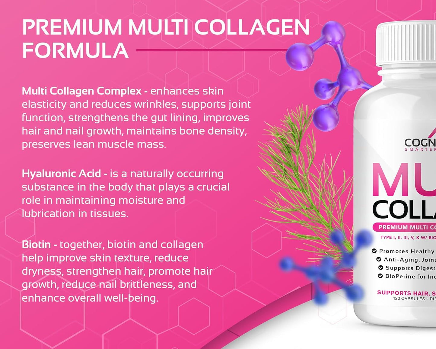 Women's Multi Collagen Supplement with Hyaluronic Acid, Vitamin C, Biotin - Types I, II, III, V, X Peptides for Hair, Skin, Nails, Joints - 120 Caps