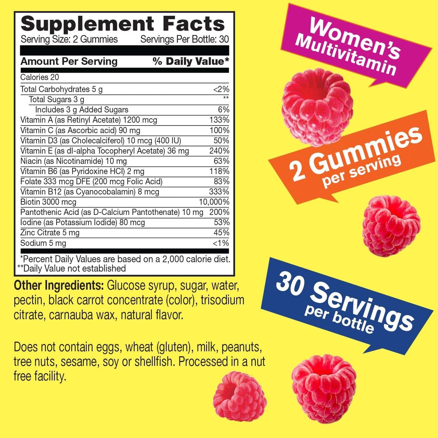 Women's Multivitamin Gummy with Biotin, Zinc, B Vitamins, Folic Acid - Raspberry Flavor - 60 Count - Overall Health & Well-Being