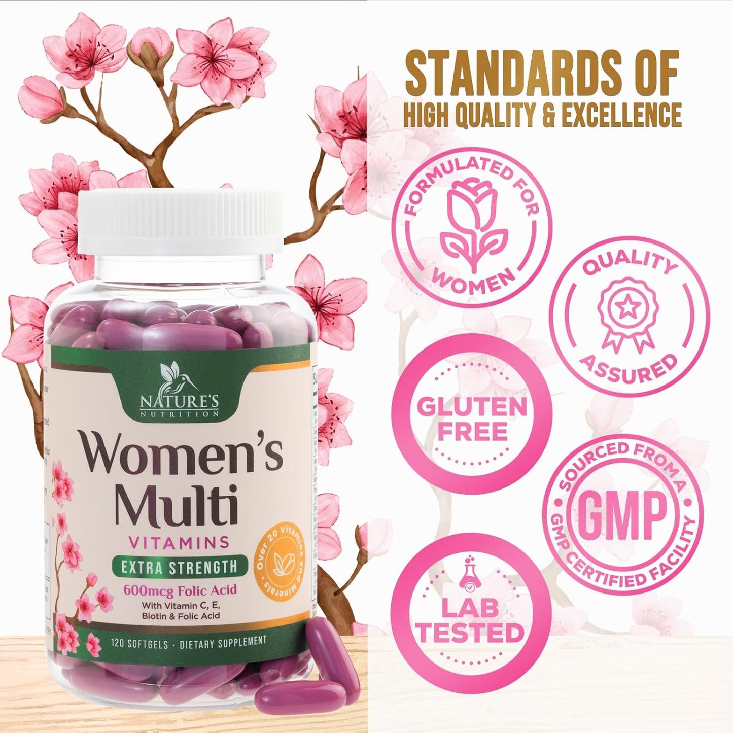 Women's Multivitamin with Iron, Calcium, Zinc, Vitamins A, C, D, E, B - Supports Bone, Skin, & Immune Health - 120 Softgels