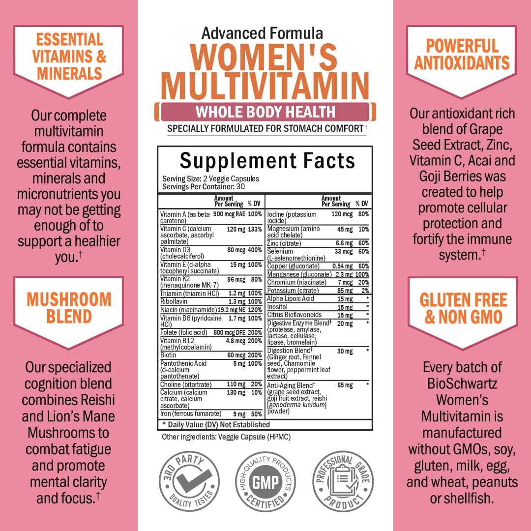Women's Multivitamin with Vitamin D3 for Bone, Breast, Skin, and Joint Health - Immunity Support and Natural Defense - 60 Capsules