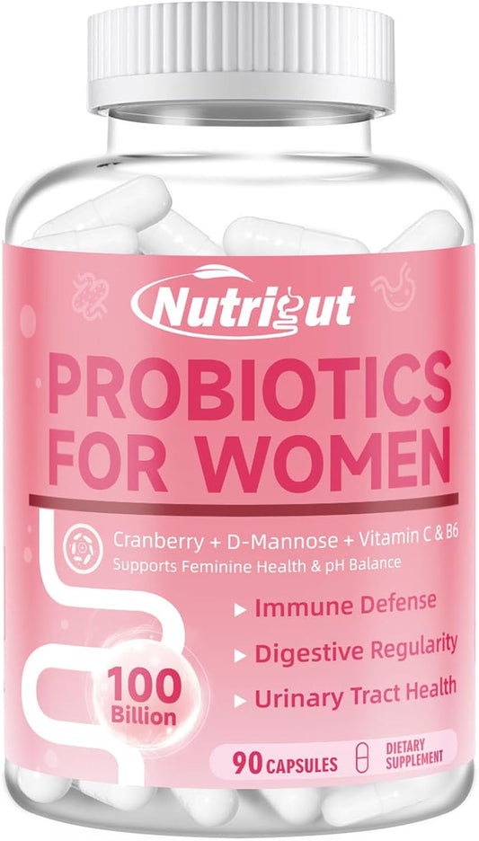 Women's NutriGut Probiotics: 100 Billion CFUs with Prebiotics, Enzymes, Cranberry, D-Mannose for Gut, Vaginal & Urinary Tract Health - 90 Capsules