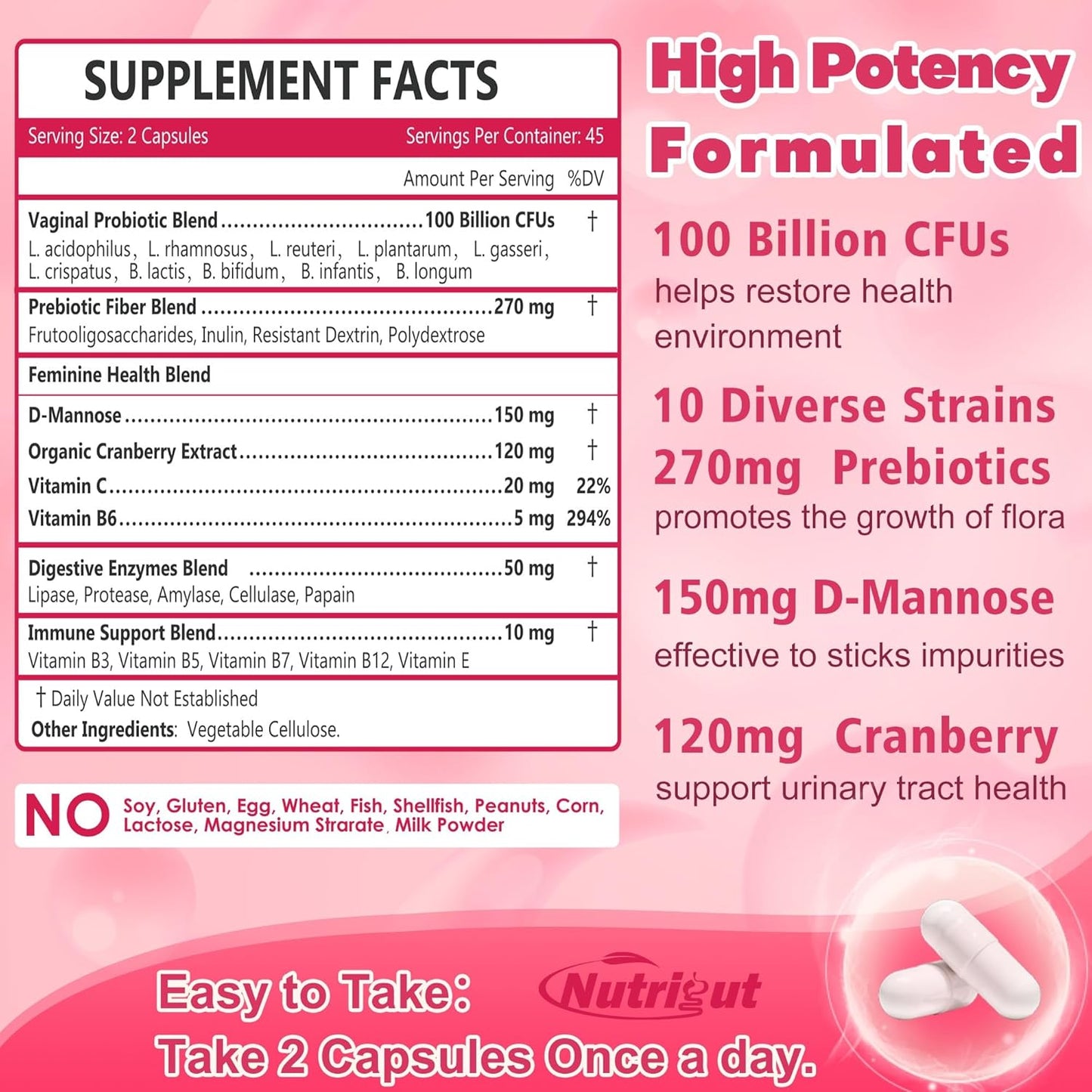Women's NutriGut Probiotics: 100 Billion CFUs with Prebiotics, Enzymes, Cranberry, D-Mannose for Gut, Vaginal & Urinary Tract Health - 90 Capsules