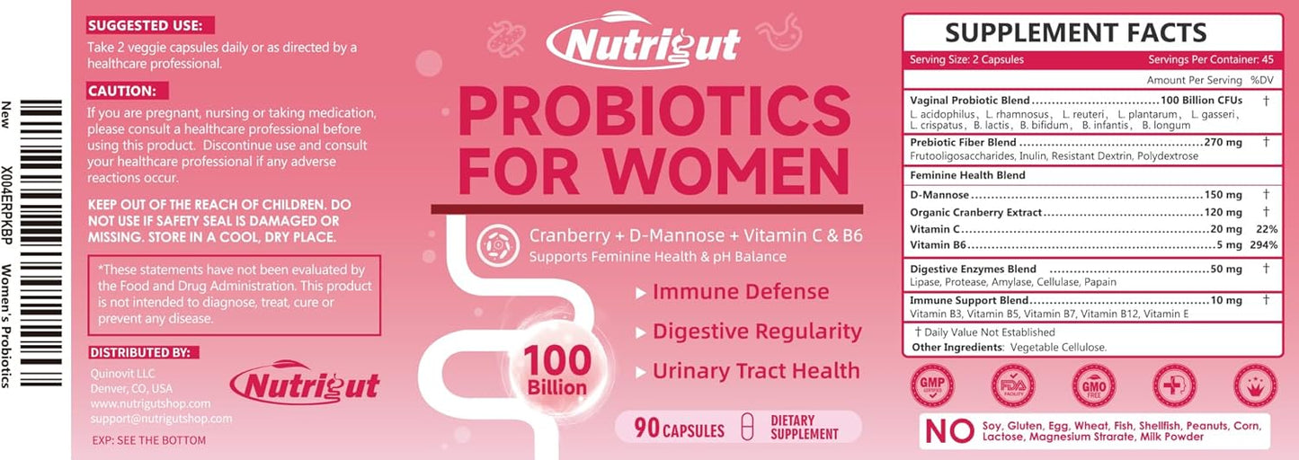 Women's NutriGut Probiotics: 100 Billion CFUs with Prebiotics, Enzymes, Cranberry, D-Mannose for Gut, Vaginal & Urinary Tract Health - 90 Capsules