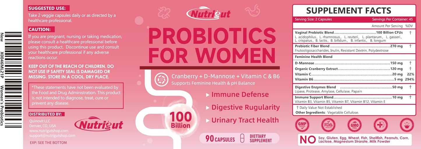 Women's NutriGut Probiotics: 100 Billion CFUs with Prebiotics, Enzymes, Cranberry, D-Mannose for Gut, Vaginal & Urinary Tract Health - 90 Capsules