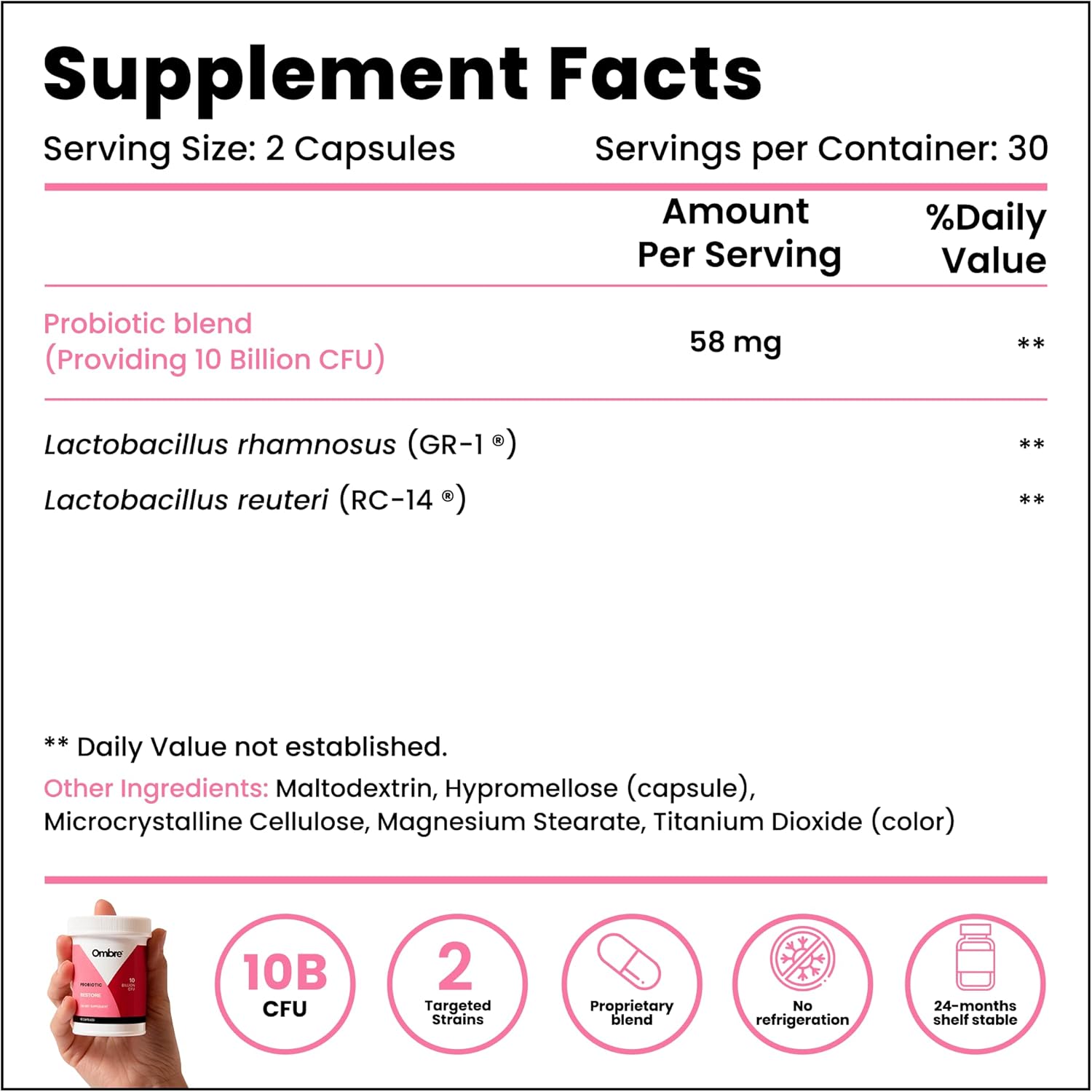 Women's Ombre Restore Probiotics: Daily Gut Health Supplement with 10 Billion CFU, Supports Vaginal, Digestive, Urinary Tract, & Immune Health - 30 Servings