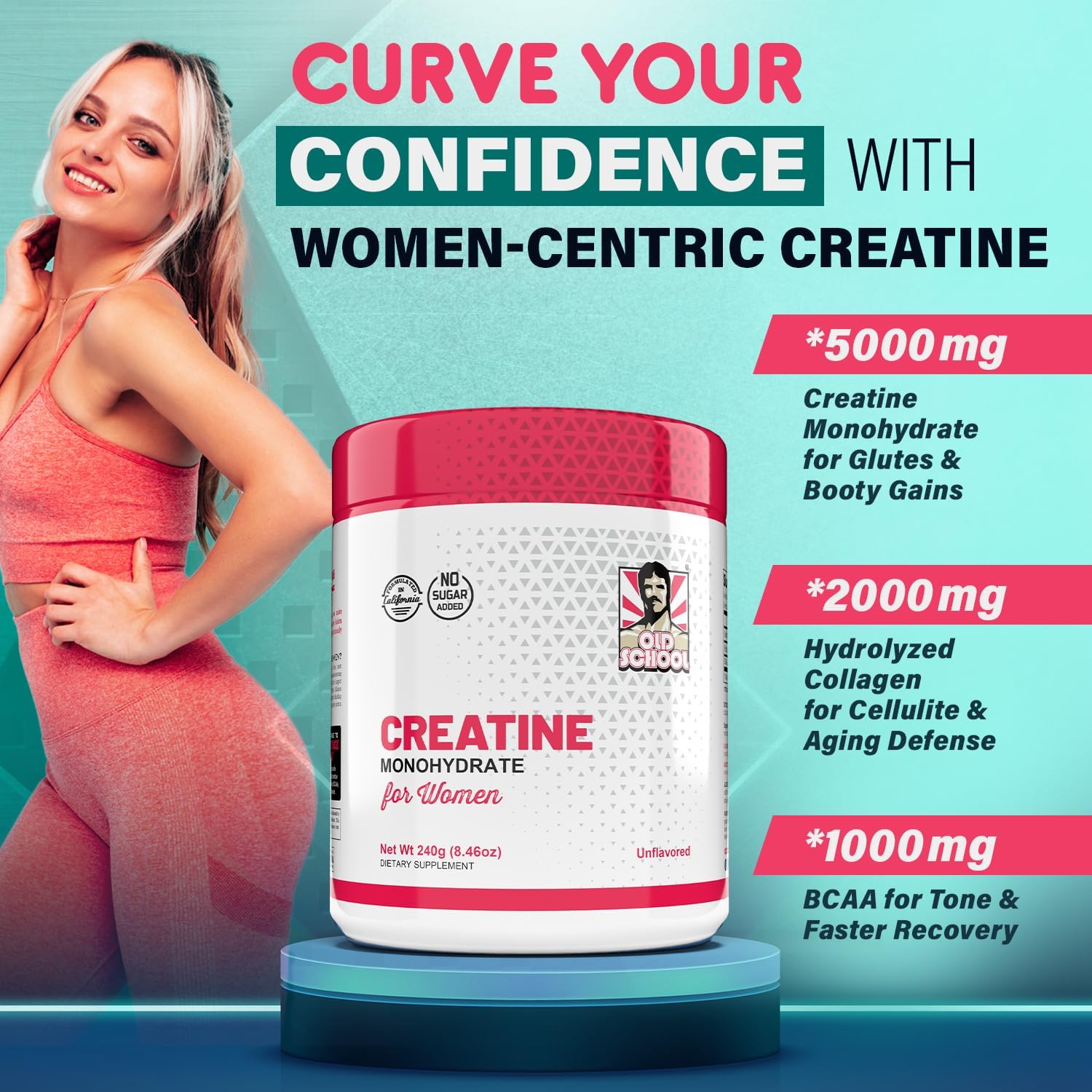 Women's Optimized 5000mg Creatine Monohydrate Powder with Collagen and BCAAs - Lean Muscle, Recovery, Energy - Made in USA