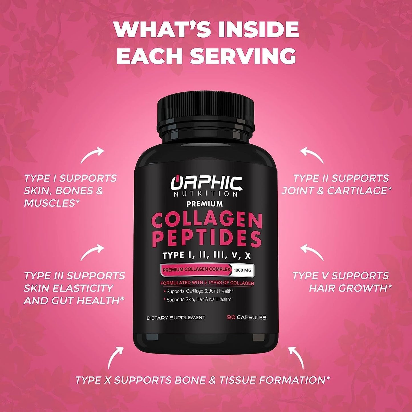 Women's ORPHIC NUTRITION 1800mg Multi Collagen Peptides Capsules - Supports Digestive Health, Joint Strength, and Muscle Health - 90 Capsules