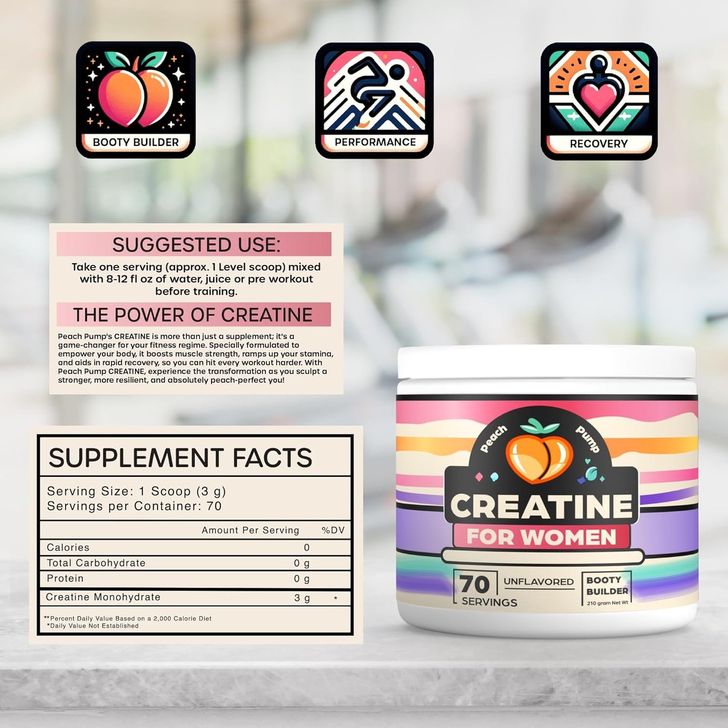 Women's Peach Pump Creatine Powder - Booty Builder Supplement for Women - 70 Servings, Unflavored