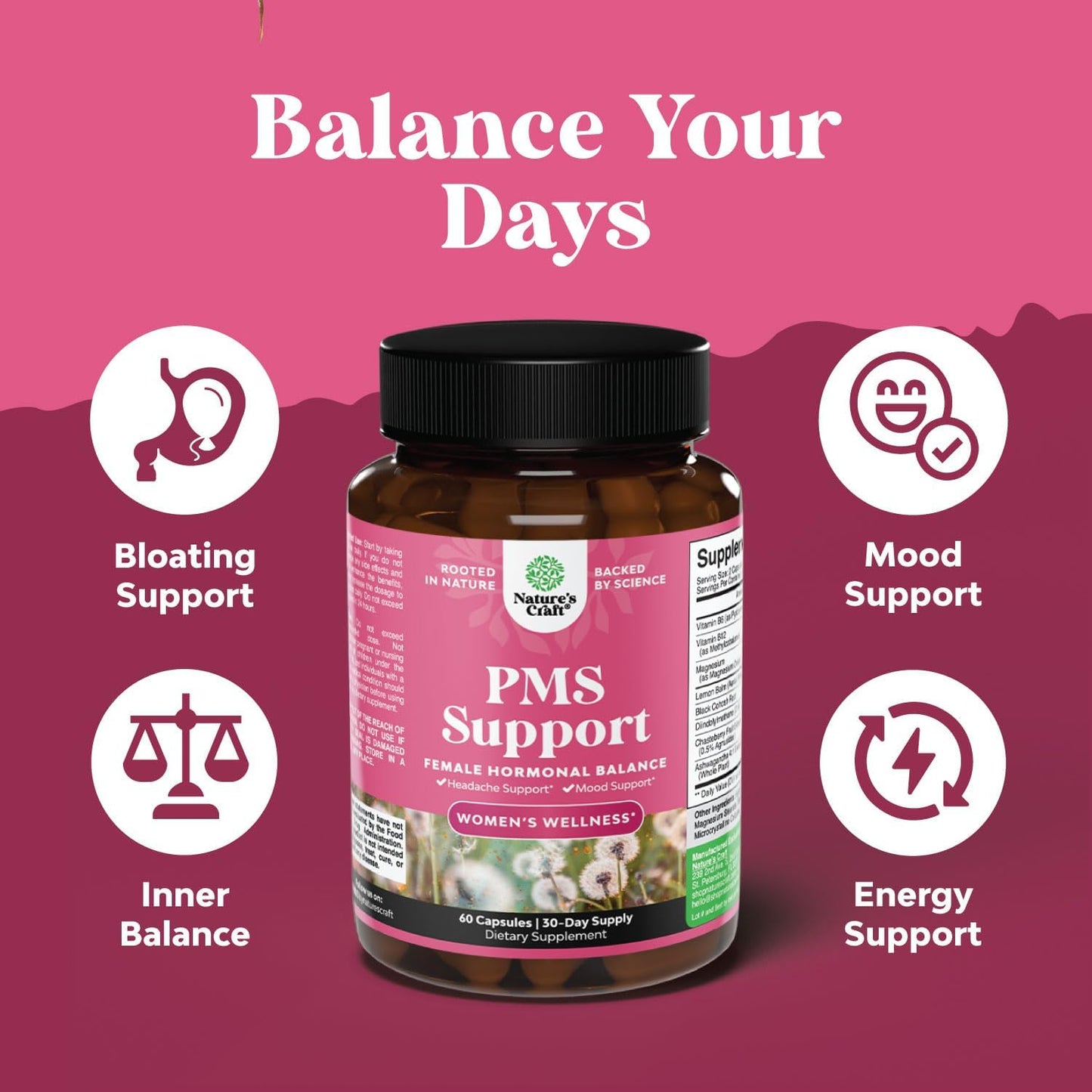 Women's PMS Support Supplement with DIM, Chasteberry, Black Cohosh & Ashwagandha - Hormone Balance for Period Cramps, Menopause, Mood Swings - 60 Capsules