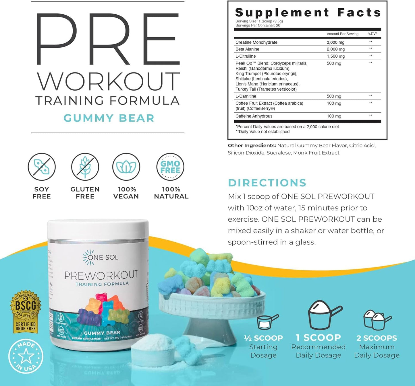 Women's Pre-Workout Gummy Bears - Enhanced Focus & Pump, No Jitters, Vegan & Gluten-Free - One Sol