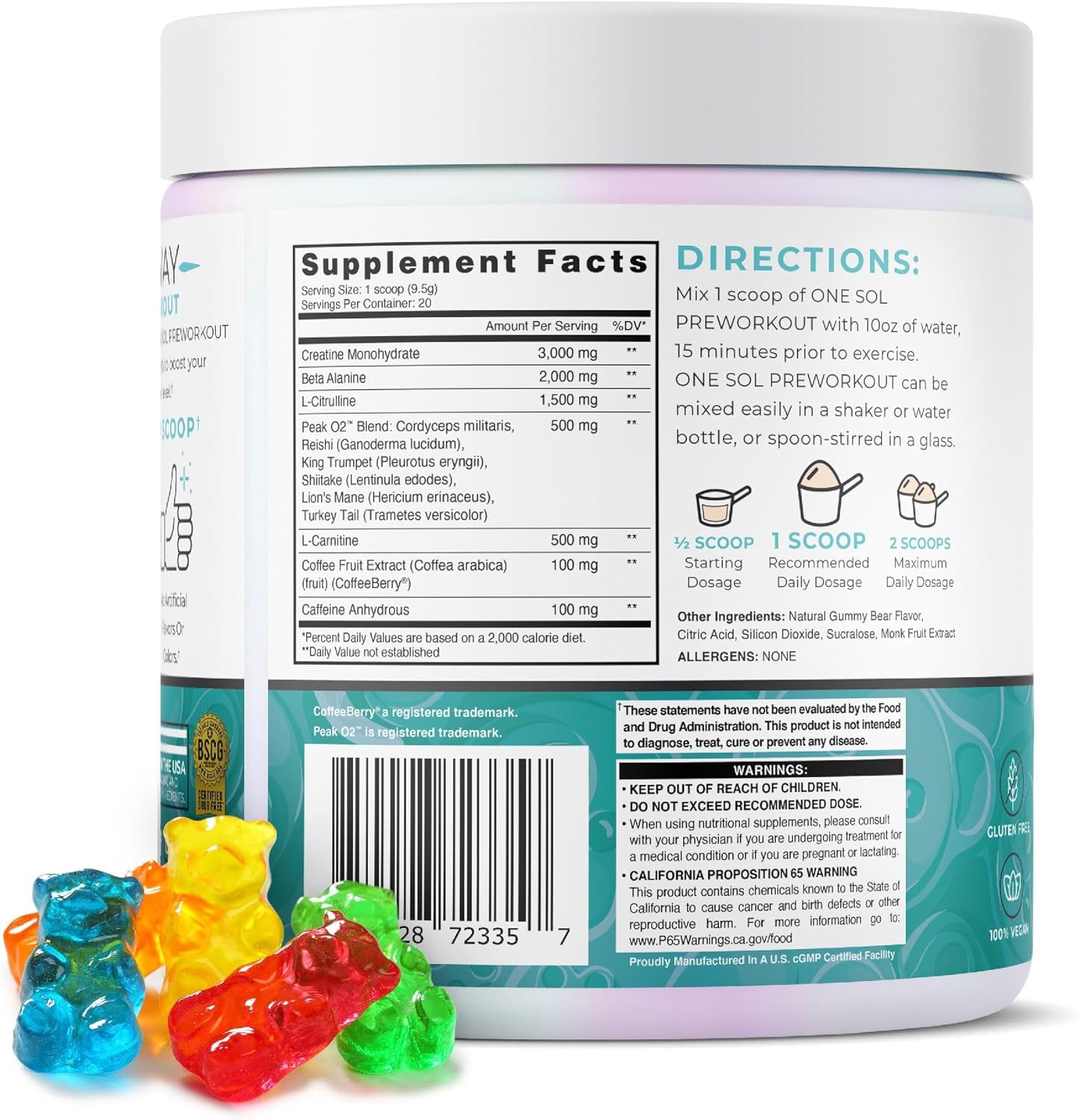Women's Pre-Workout Gummy Bears - Enhanced Focus & Pump, No Jitters, Vegan & Gluten-Free - One Sol
