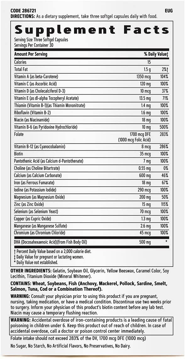 Women's Prenatal Multivitamin with DHA, Iron, Folic Acid, Zinc, Calcium, and B Vitamins - 90 Softgels for Pregnancy Support