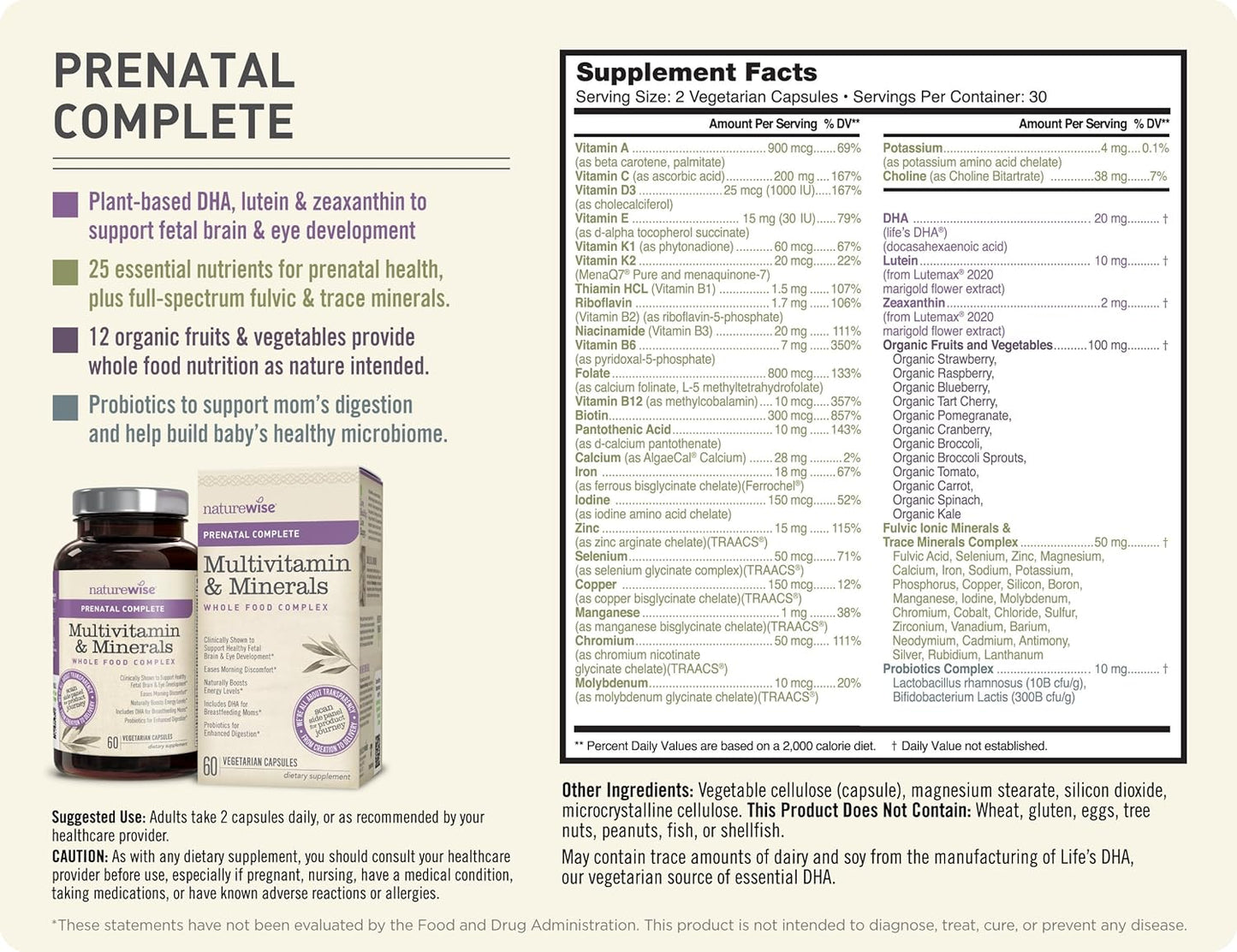 Women's Prenatal Whole Food Multivitamin with Folate, Vegetarian DHA, Iron, Calcium, Lutein, Probiotics, Vitamin D3 | 60 count