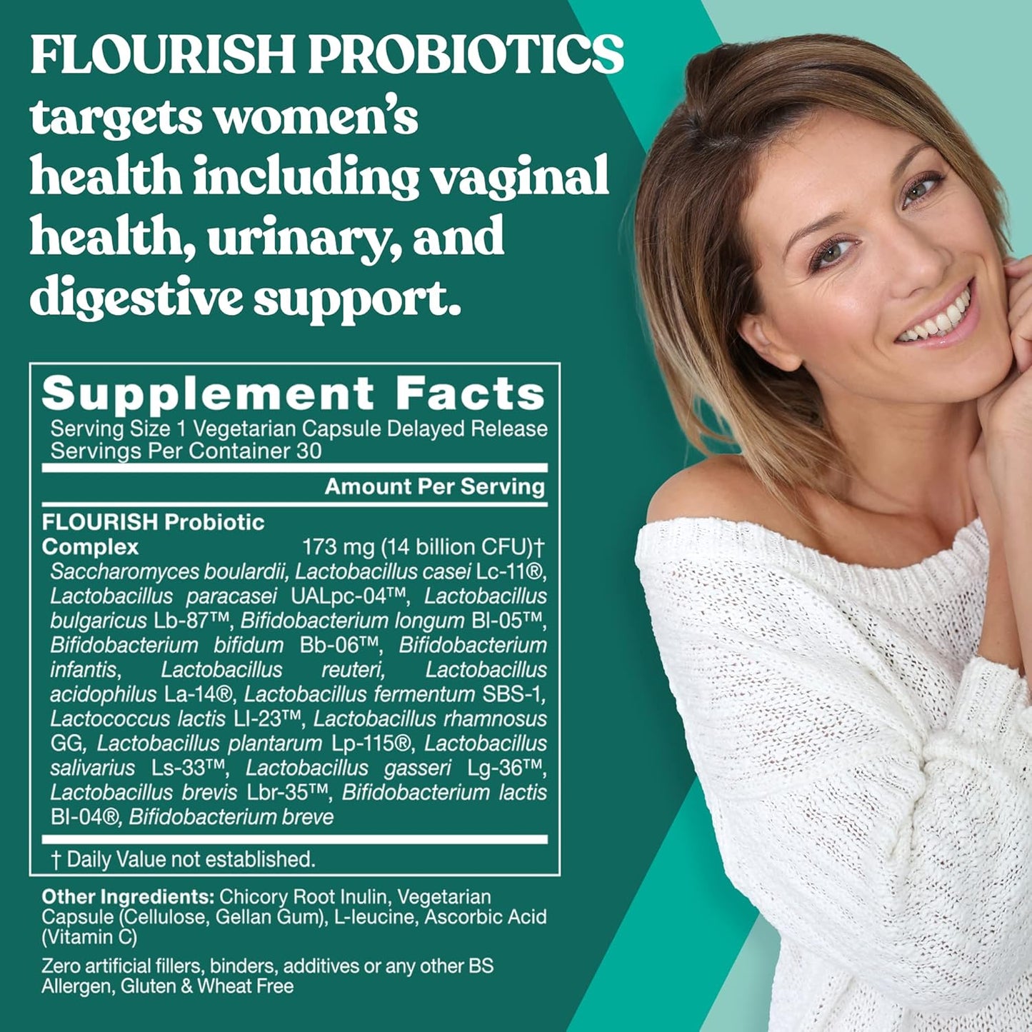 Women's Probiotic and Prebiotic Blend for Gut, Urinary Tract, and Vaginal Health - 18 Proven Strains, 14 Billion CFU - 30 Mini Vegan Capsules