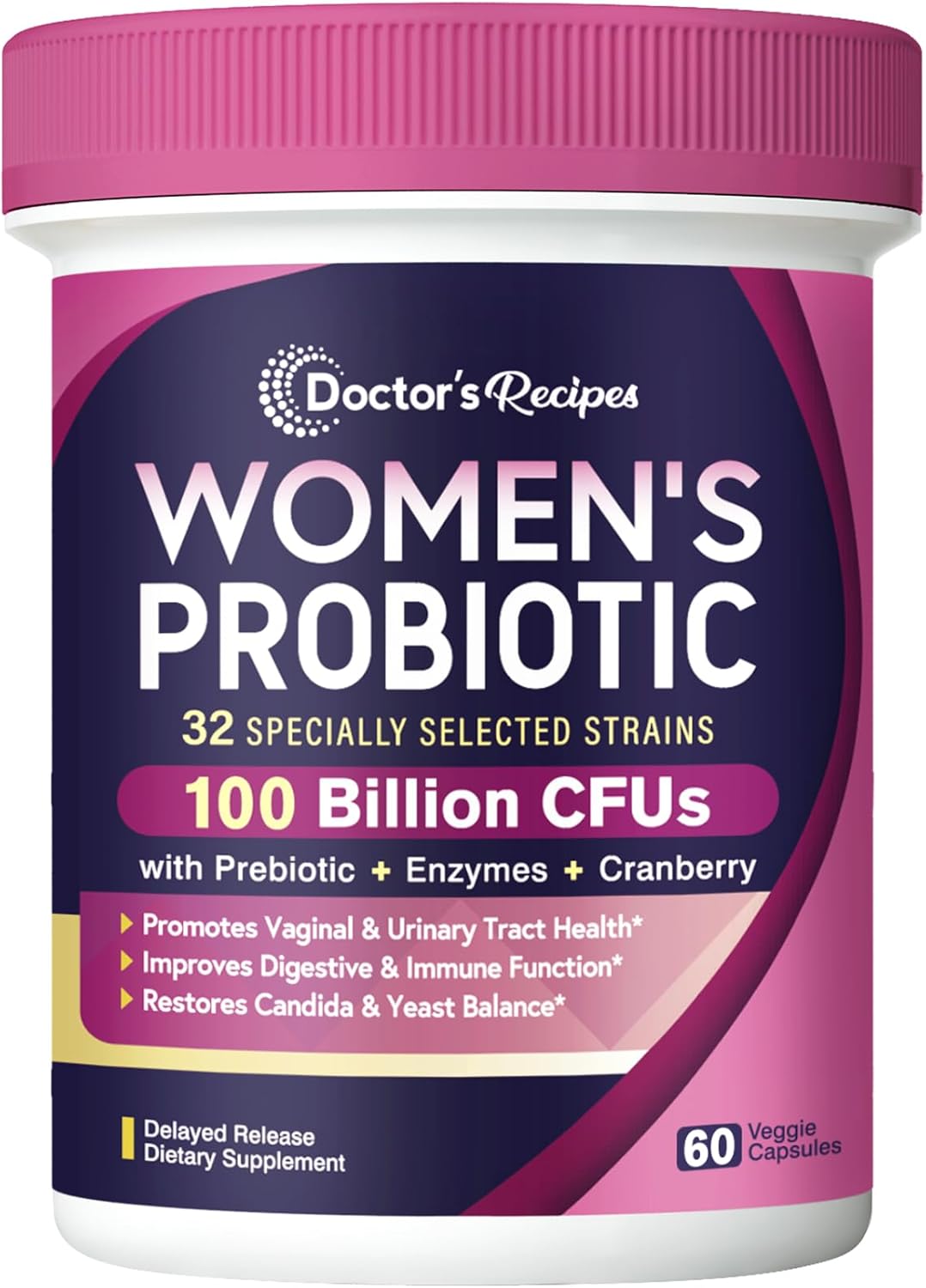 Women's Probiotic Blend with 100 Billion CFU, 32 Strains, Prebiotic Fiber, Enzymes, Cranberry - Supports Vaginal, Urinary, Digestive & Immune Health, Shelf Stable, Delayed Release - 60 Capsules
