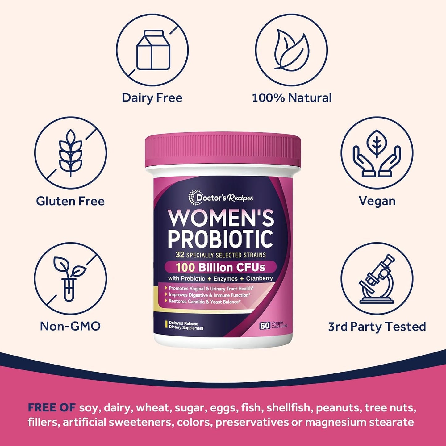 Women's Probiotic Blend with 100 Billion CFU, 32 Strains, Prebiotic Fiber, Enzymes, Cranberry - Supports Vaginal, Urinary, Digestive & Immune Health, Shelf Stable, Delayed Release - 60 Capsules