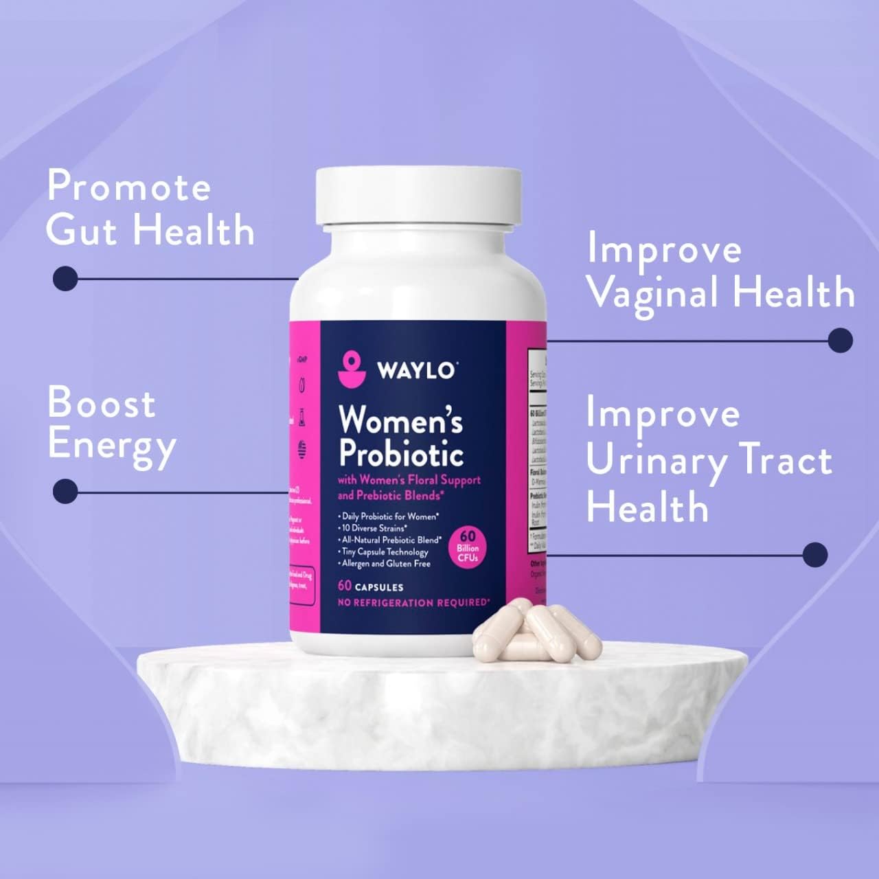Women's Probiotic Capsules with Cranberry & D-Mannose for UTI & pH Balance - 60 Billion CFUs, 60 Capsules, Easy to Swallow