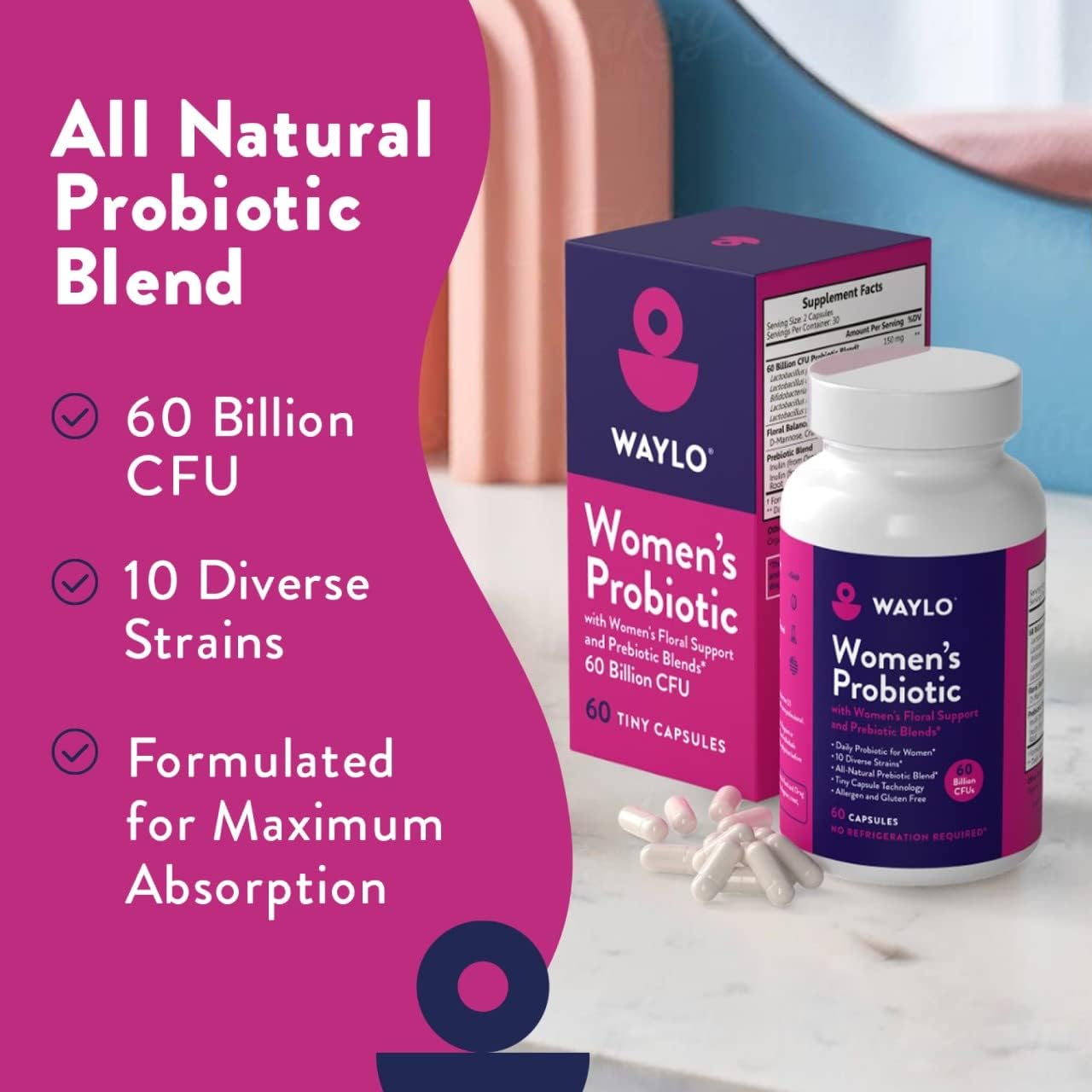 Women's Probiotic Capsules with Cranberry & D-Mannose for UTI & pH Balance - 60 Billion CFUs, 60 Capsules, Easy to Swallow