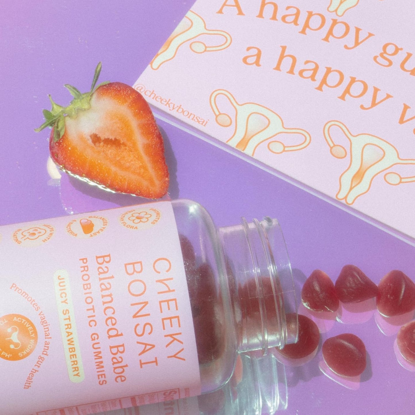 Women's Probiotic Gummies - Cheeky Bonsai Balanced Babe, Strawberry Flavor, 60 Count, 5 Billion CFUs for UTI & Vaginal Health