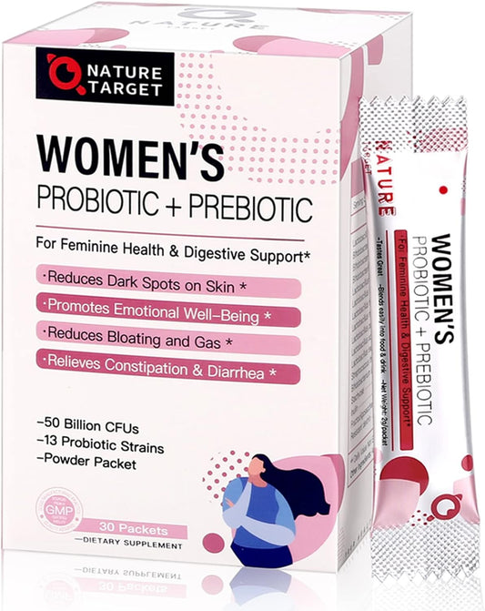 Women's Probiotic Powder Supplement with Prebiotics for Digestive Health - 30 Stick Packs for Immune Support