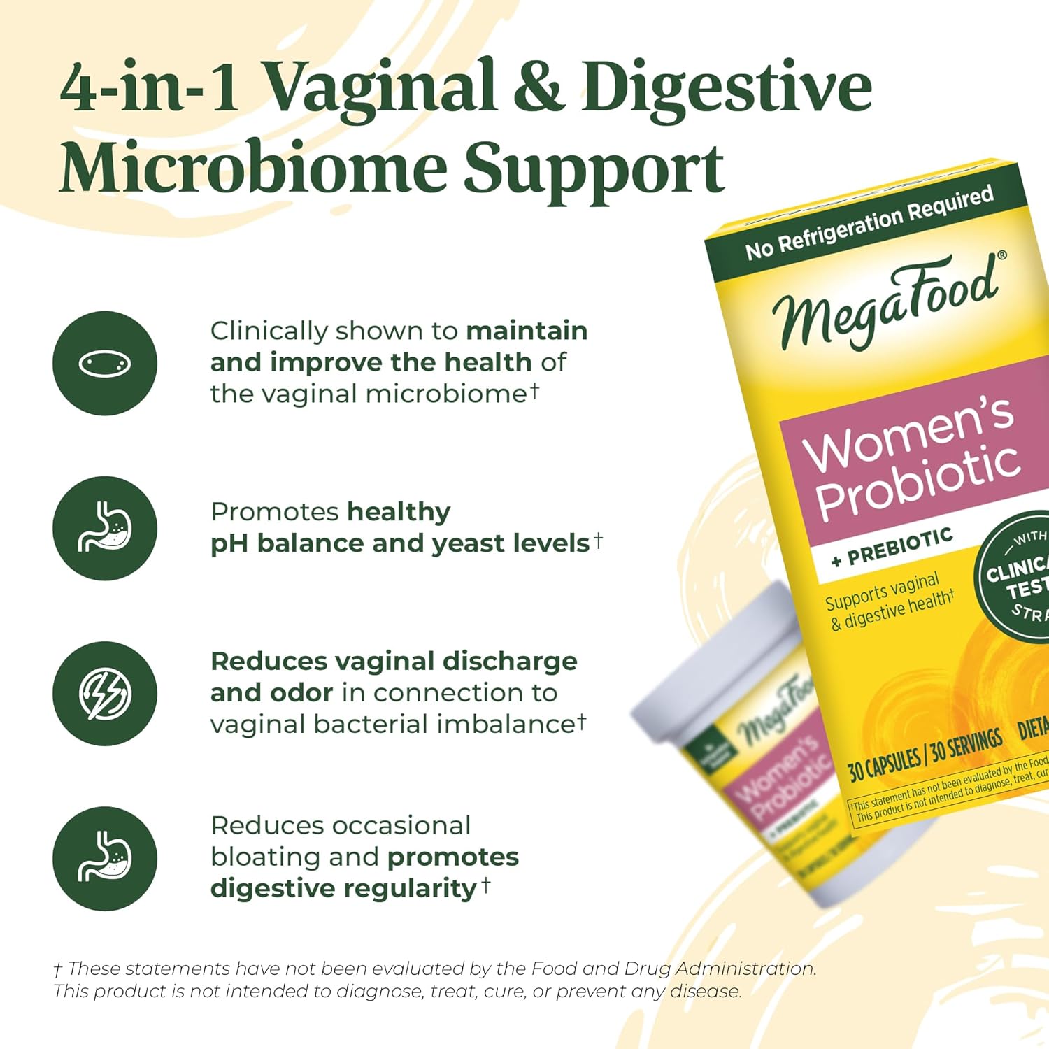 Women's Probiotic + Prebiotic Capsules for Digestive Health & Vaginal pH Balance - Gluten-Free, Vegetarian Formula - 30 Capsules