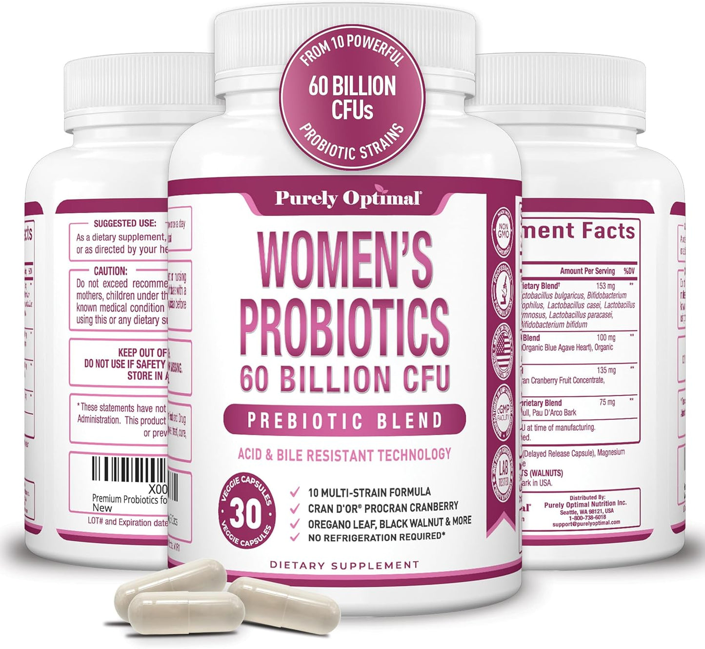 Women's Probiotic Supplement - 60 Billion CFU with Prebiotics, 10 Strains, Digestive & Vaginal Health Support - 30 Capsules