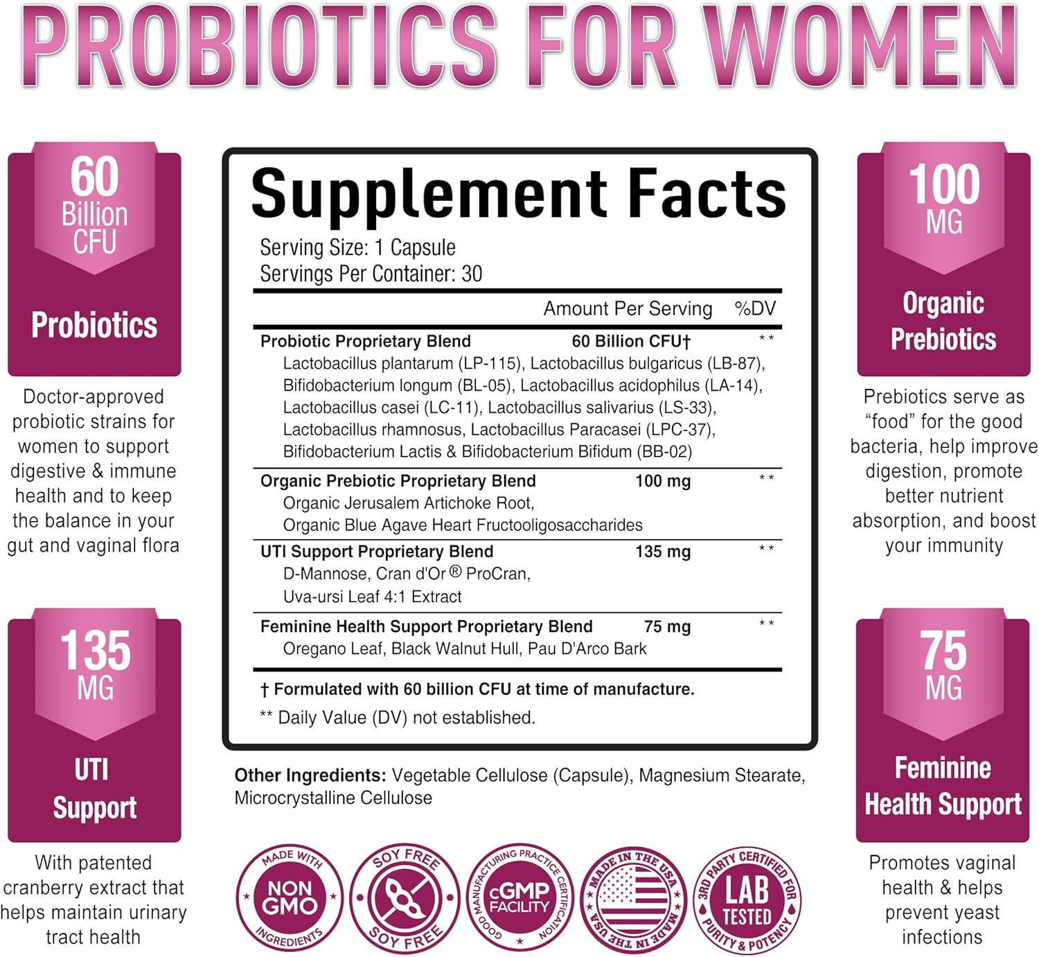 Women's Probiotic Supplement - 60 Billion CFU with Prebiotics, 10 Strains, Digestive & Vaginal Health Support - 30 Capsules