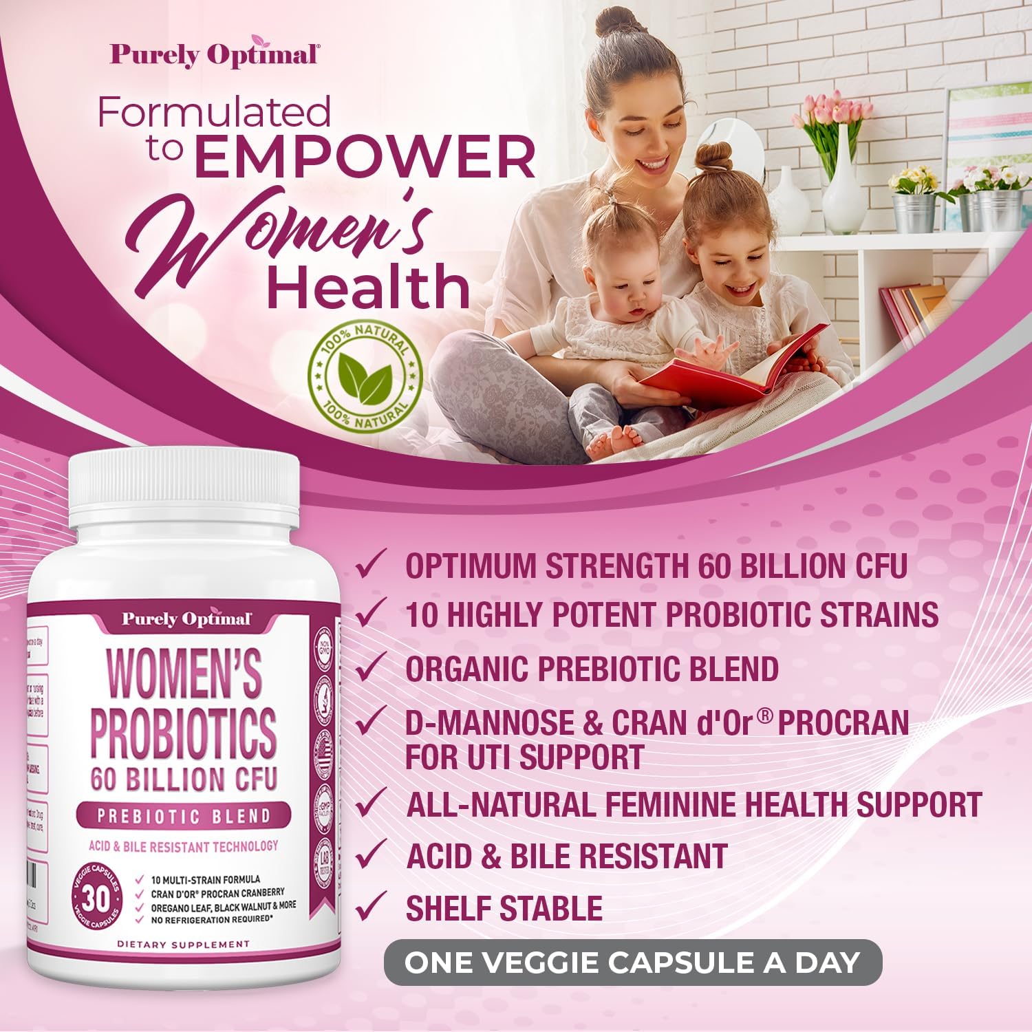 Women's Probiotic Supplement - 60 Billion CFU with Prebiotics, 10 Strains, Digestive & Vaginal Health Support - 30 Capsules