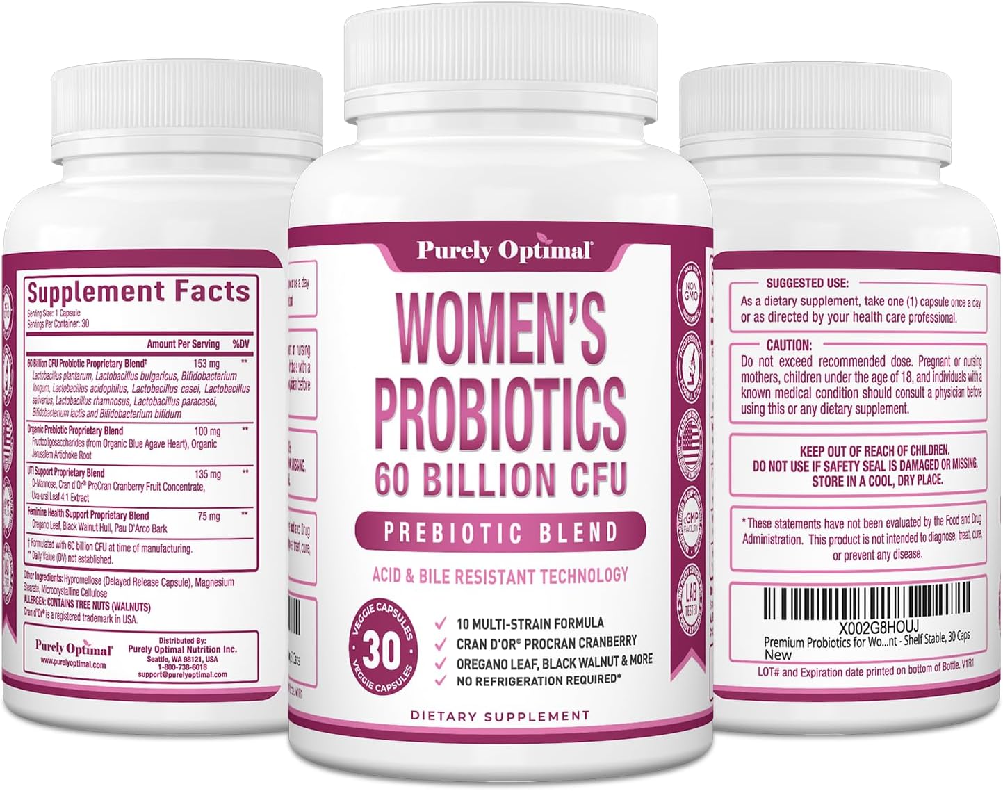 Women's Probiotic Supplement - 60 Billion CFU with Prebiotics, 10 Strains, Digestive & Vaginal Health Support - 30 Capsules