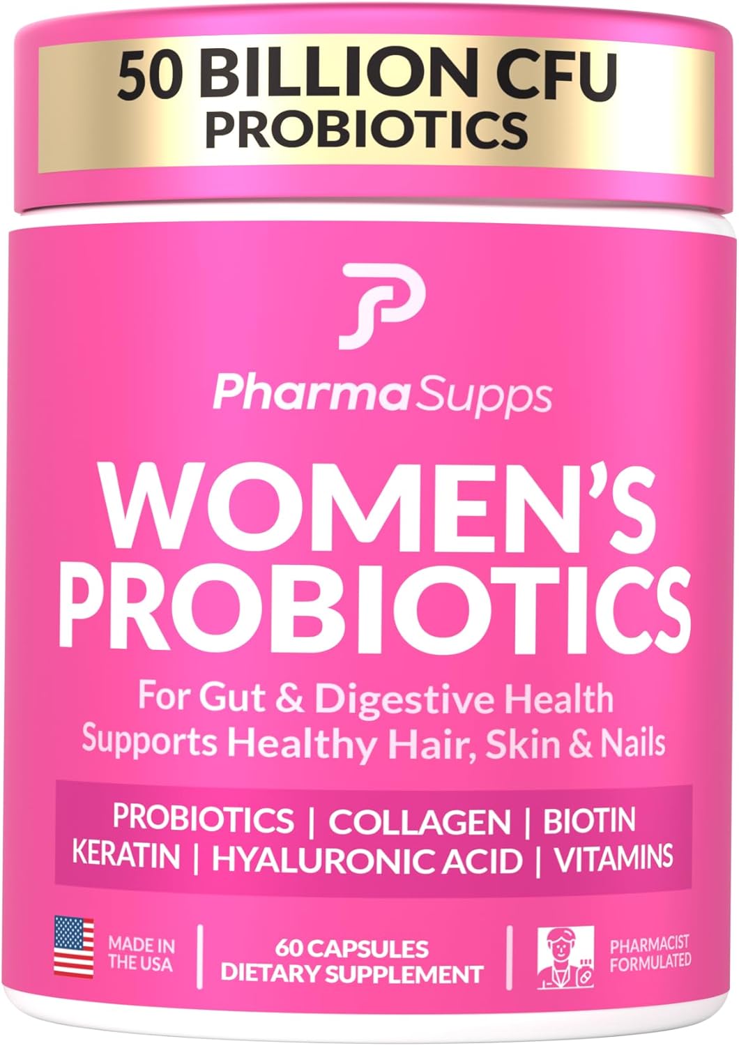 Women's Probiotic Supplement for Gut Health with Hair, Skin, & Nails Vitamins - 50 Billion CFU with Collagen, Biotin & Keratin - Digestive Health and Bloating Relief