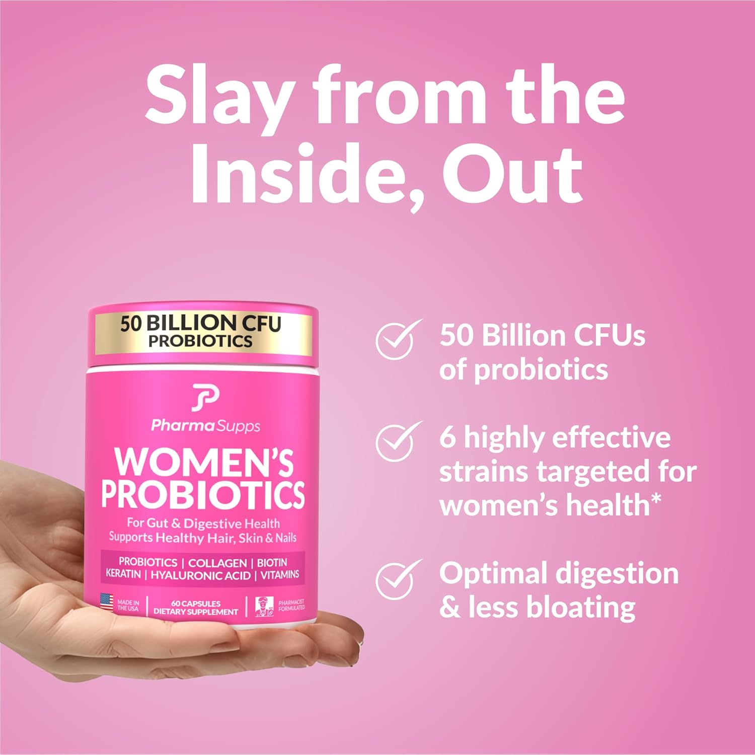 Women's Probiotic Supplement for Gut Health with Hair, Skin, & Nails Vitamins - 50 Billion CFU with Collagen, Biotin & Keratin - Digestive Health and Bloating Relief