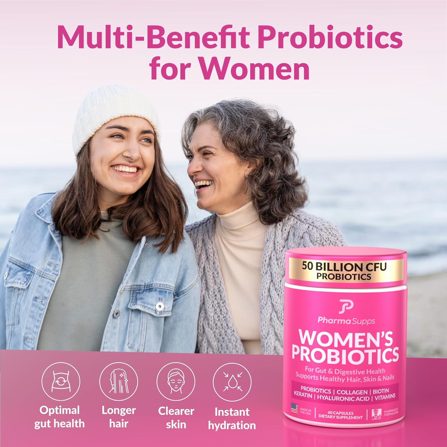 Women's Probiotic Supplement for Gut Health with Hair, Skin, & Nails Vitamins - 50 Billion CFU with Collagen, Biotin & Keratin - Digestive Health and Bloating Relief