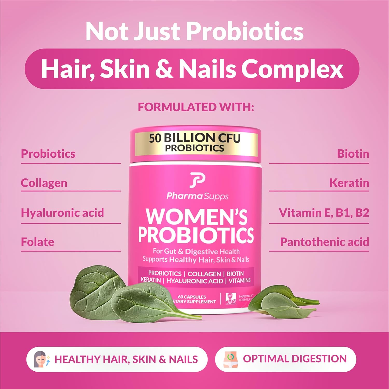 Women's Probiotic Supplement for Gut Health with Hair, Skin, & Nails Vitamins - 50 Billion CFU with Collagen, Biotin & Keratin - Digestive Health and Bloating Relief