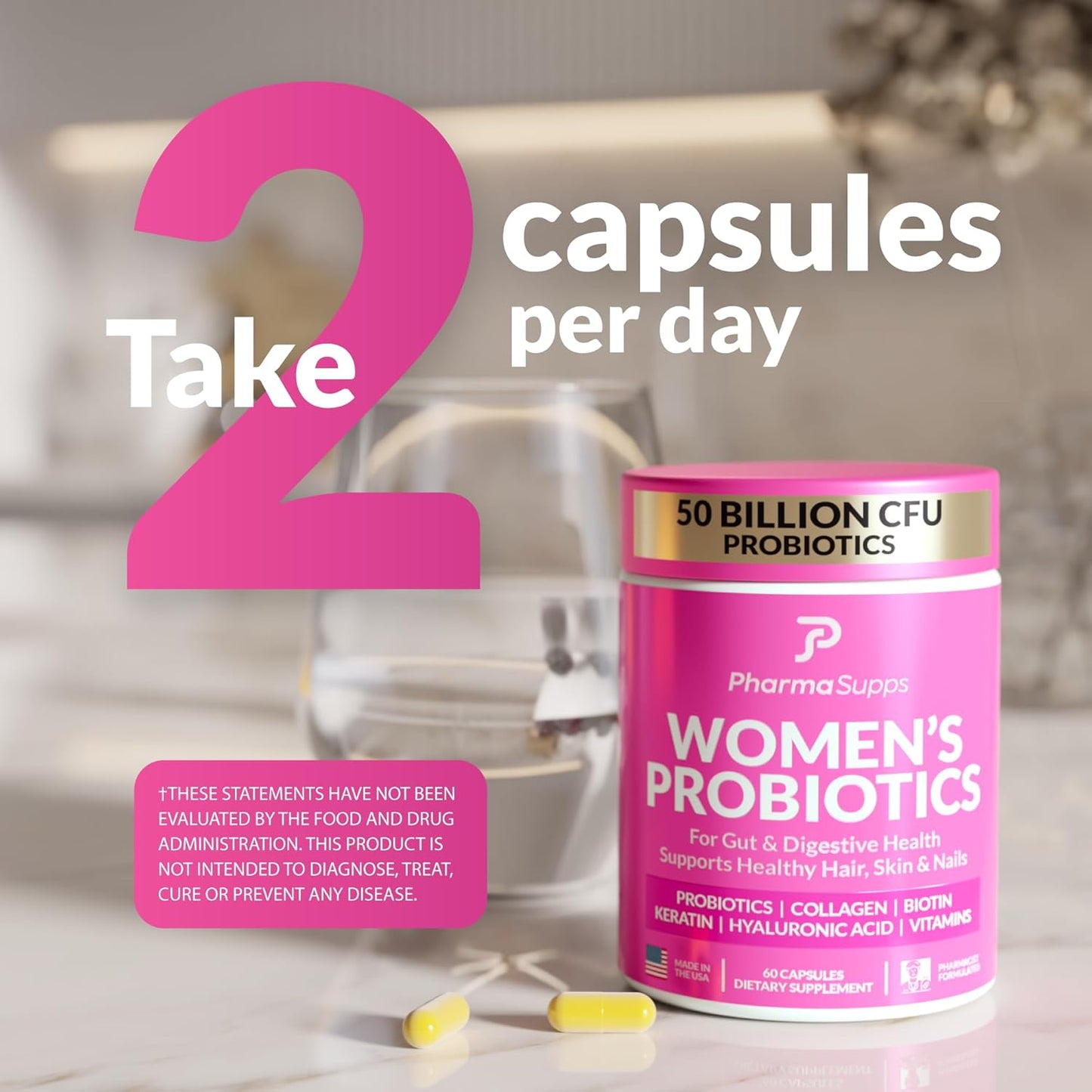 Women's Probiotic Supplement for Gut Health with Hair, Skin, & Nails Vitamins - 50 Billion CFU with Collagen, Biotin & Keratin - Digestive Health and Bloating Relief