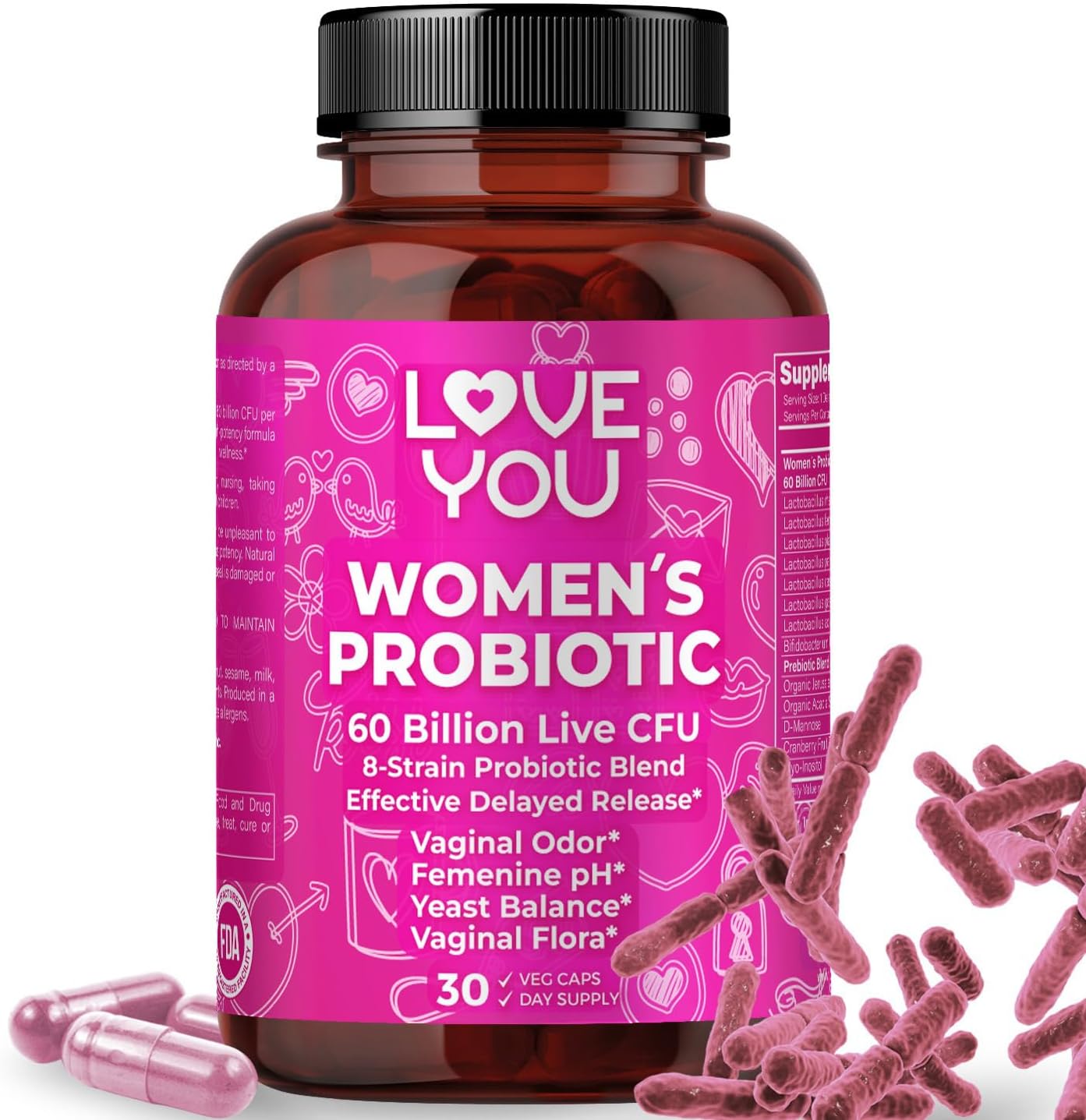 Women's Probiotic Supplement for UT and Vaginal Health, 60 Billion CFU, 8-Strain Blend, 30 Veg Caps - Love You.