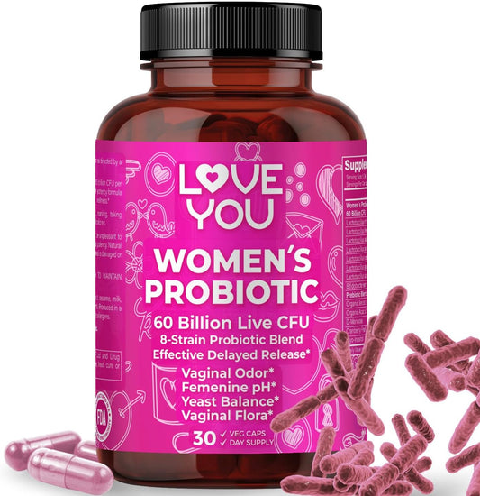 Women's Probiotic Supplement for UT and Vaginal Health, 60 Billion CFU, 8-Strain Blend, 30 Veg Caps - Love You.