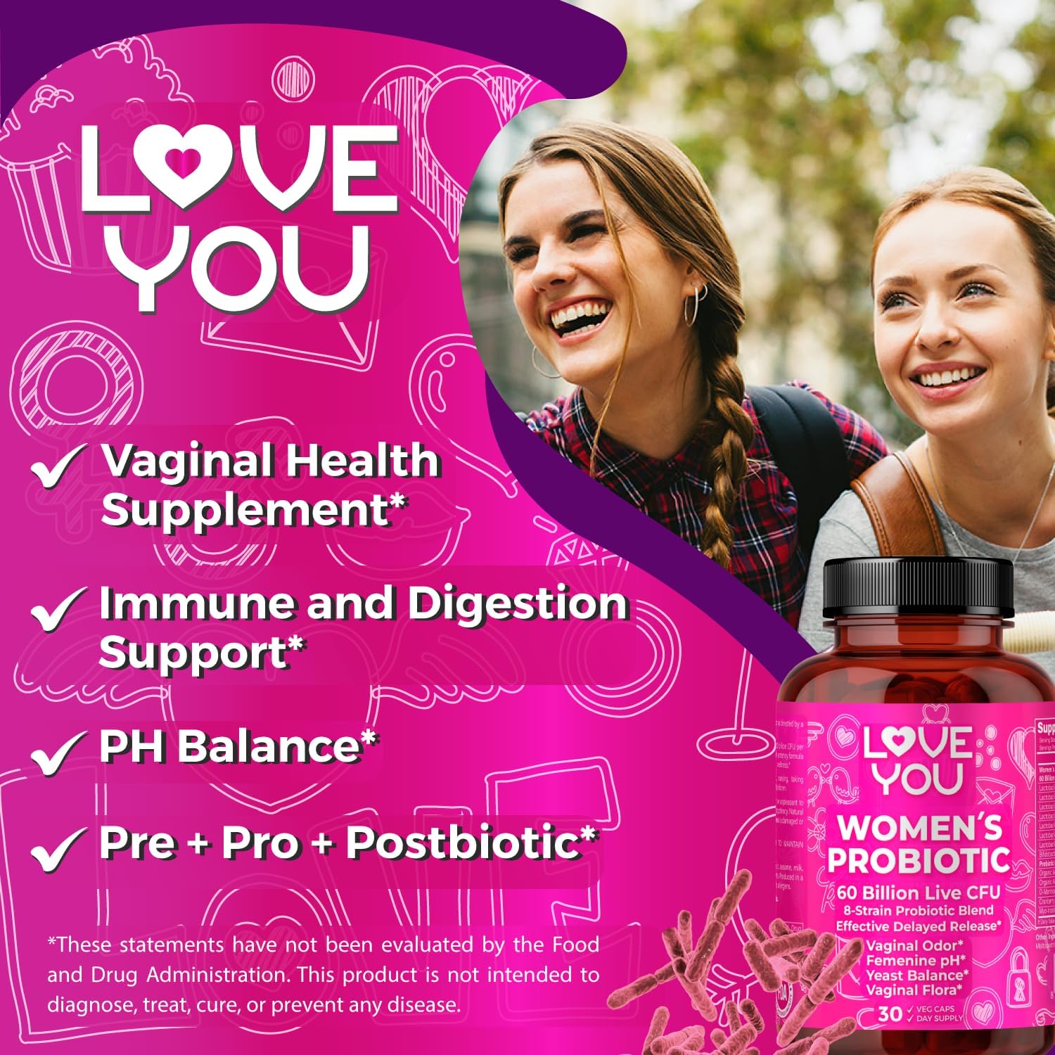 Women's Probiotic Supplement for UT and Vaginal Health, 60 Billion CFU, 8-Strain Blend, 30 Veg Caps - Love You.