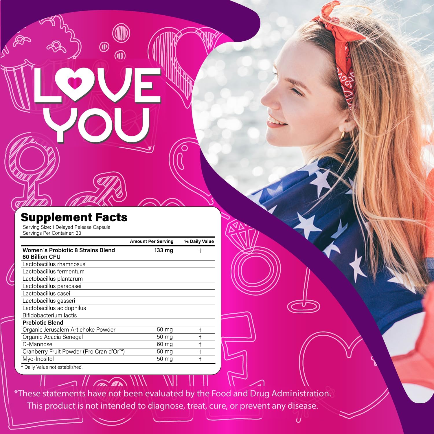 Women's Probiotic Supplement for UT and Vaginal Health, 60 Billion CFU, 8-Strain Blend, 30 Veg Caps - Love You.