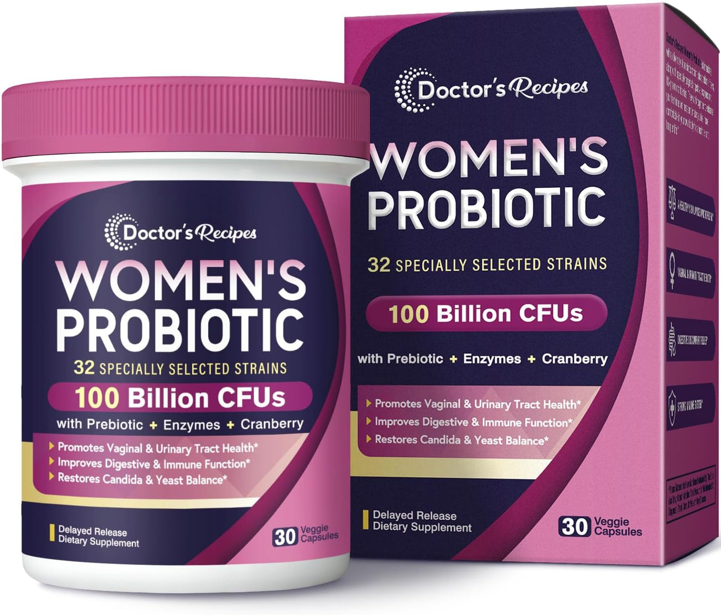 Women's Probiotic Supplement with 100 Billion CFU, 32 Strains, Prebiotic Fiber, Cranberry - Supports Vaginal, Urinary, Digestive & Immune Health - Shelf Stable, Delayed Release, 30 Capsules