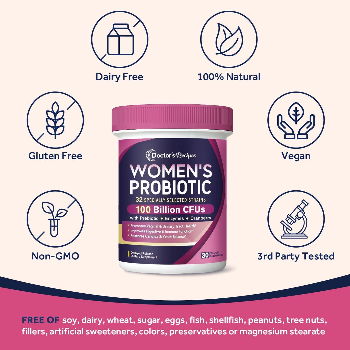 Women's Probiotic Supplement with 100 Billion CFU, 32 Strains, Prebiotic Fiber, Cranberry - Supports Vaginal, Urinary, Digestive & Immune Health - Shelf Stable, Delayed Release, 30 Capsules